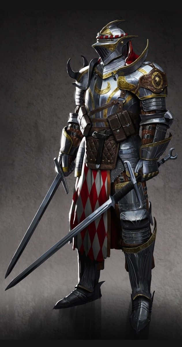 Crusader 桌布 壁紙 — 一位身穿華麗銀色和金色板甲的全副武裝騎士，手持兩把閃閃發光的劍，站在柔和的灰色背景前。
