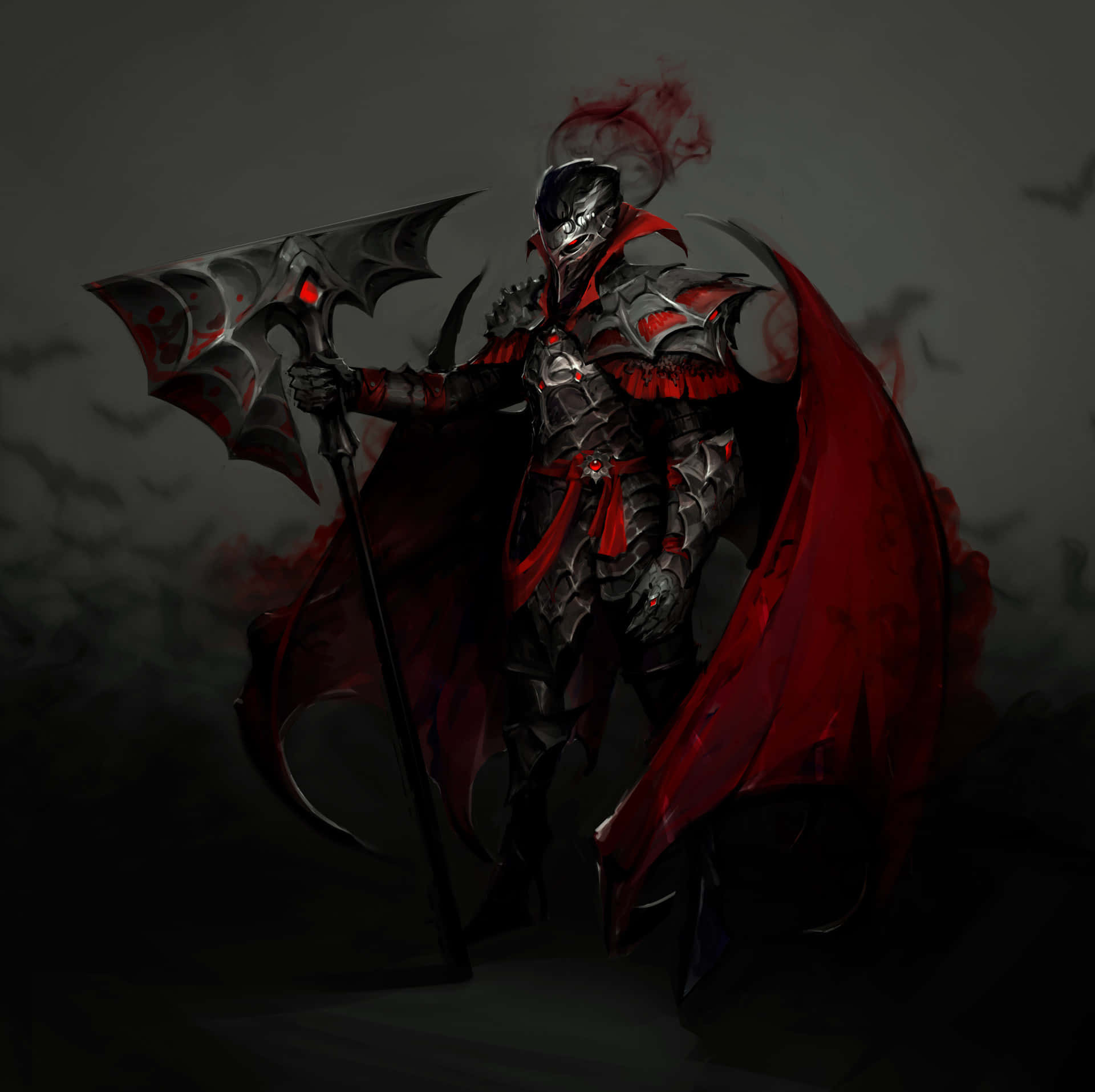 Vampire Lord 桌布 壁紙 — 一位身穿華麗銀色盔甲、披著飄逸紅色斗篷的黑暗騎士，在陰沉迷霧的背景中揮舞著一把巨大的血跡斑斑的斧頭。