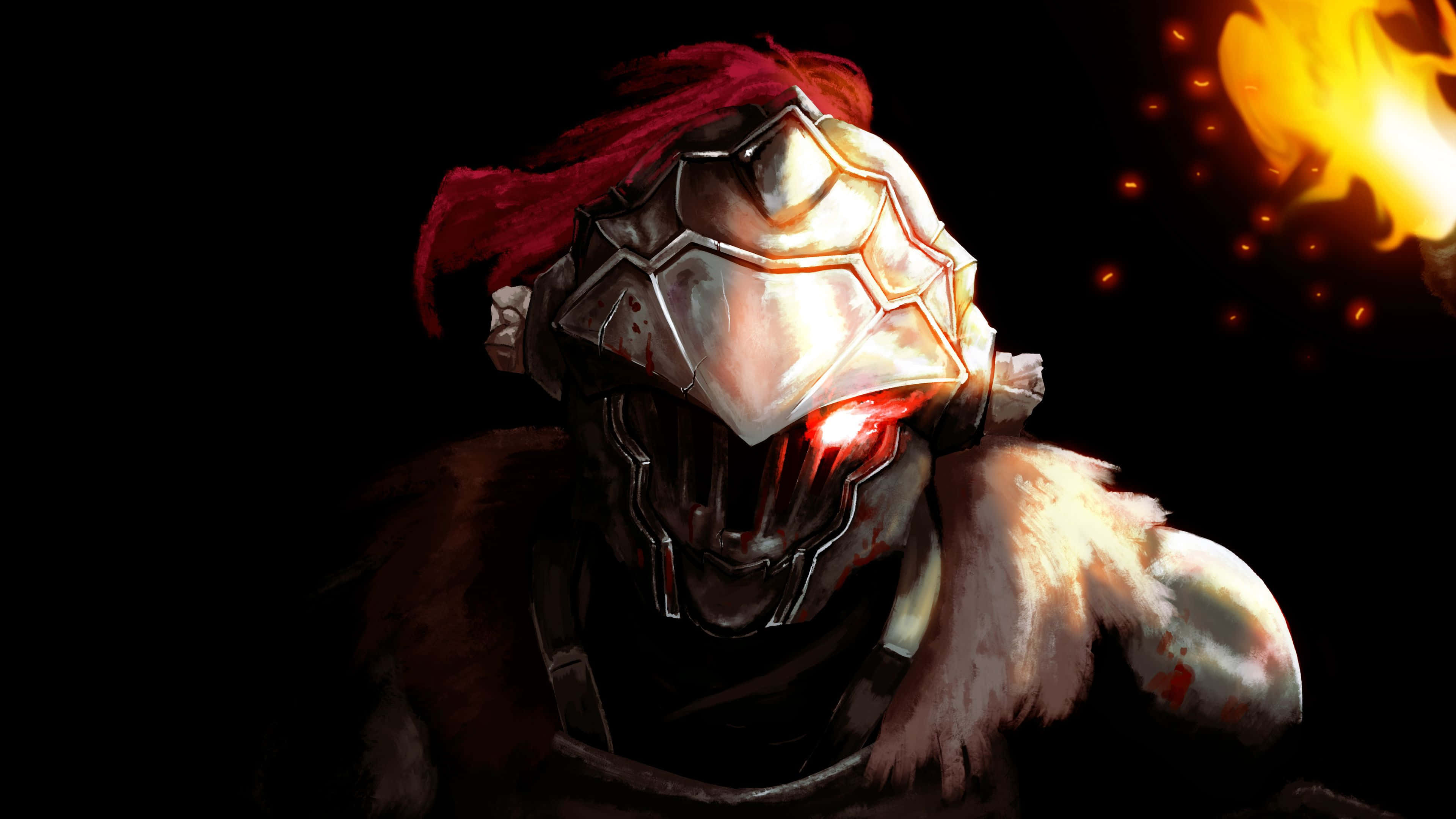 Goblin Slayer 桌布 壁紙 — 一位身穿華麗銀色盔甲、擁有發光紅眼和紅色羽飾的騎士，站在火花四濺的黑暗背景前。