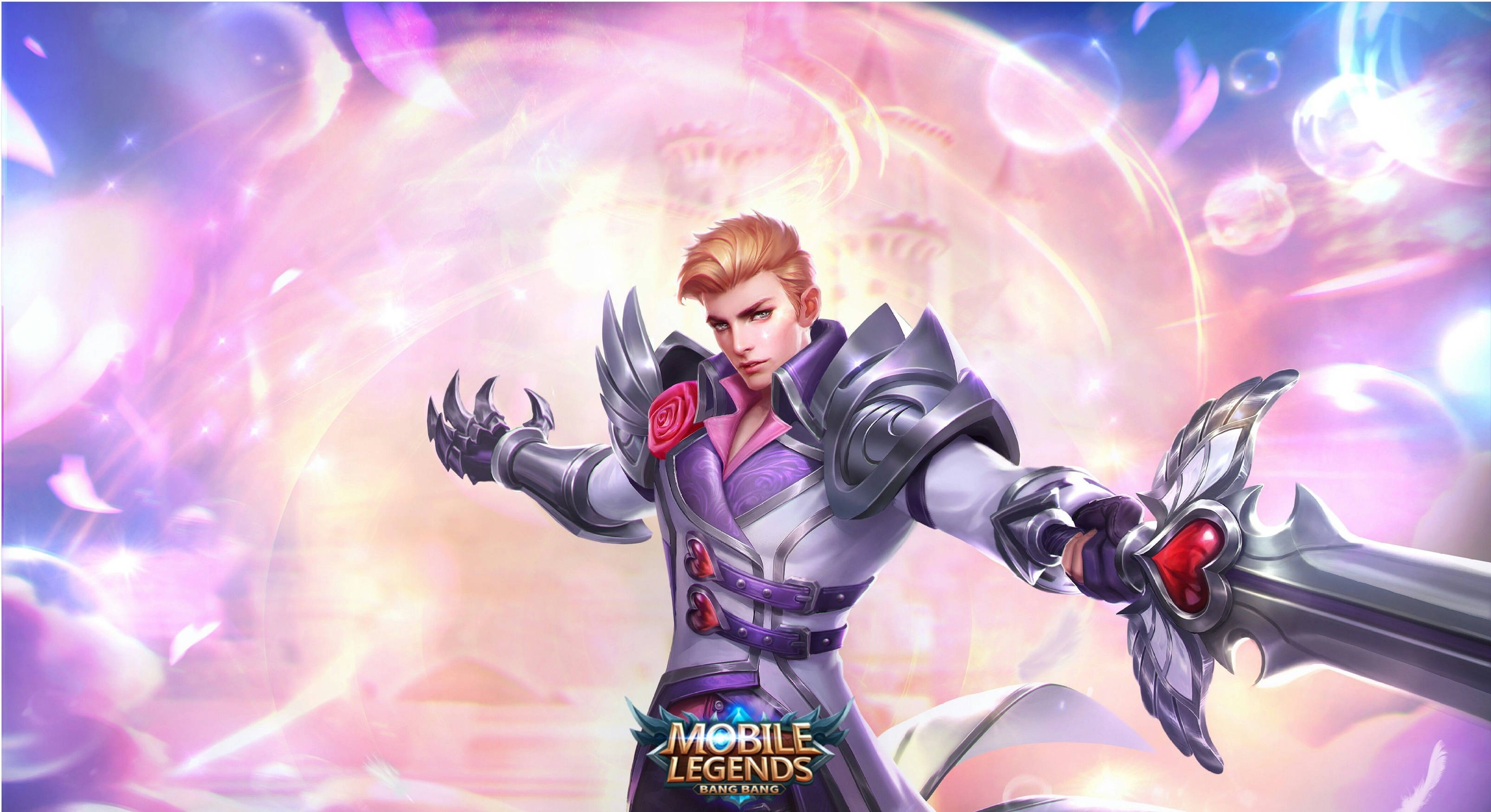 Mobile Legends 動態圖 桌布 壁紙 — 一位身穿華麗銀色盔甲的英勇戰士，在粉紅色和紫色能量旋轉的宇宙背景下揮舞著發光的劍。