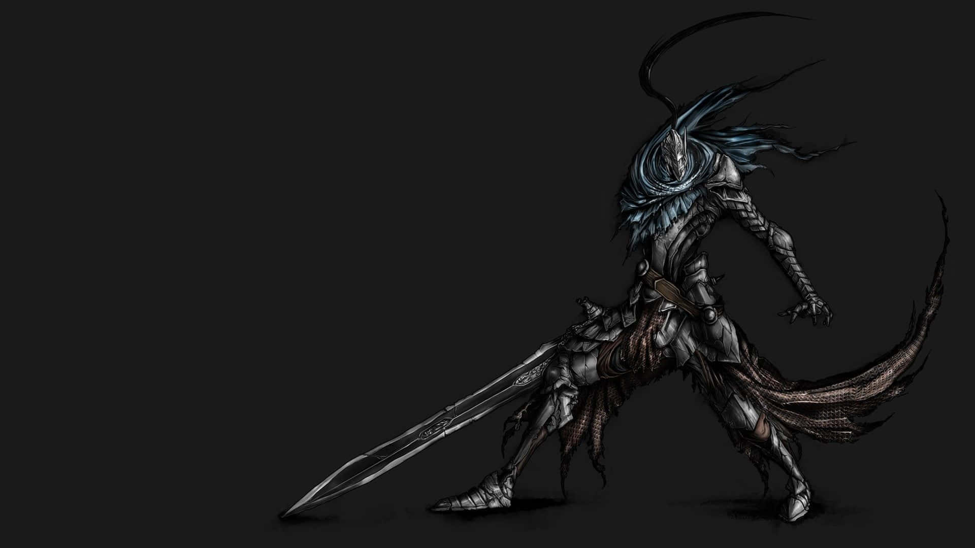 Artorias The Abysswalker 桌布 壁紙 — 一位身穿華麗銀色盔甲的黑暗奇幻戰士，在黑色背景前揮舞長劍，飄逸著藍色長髮。