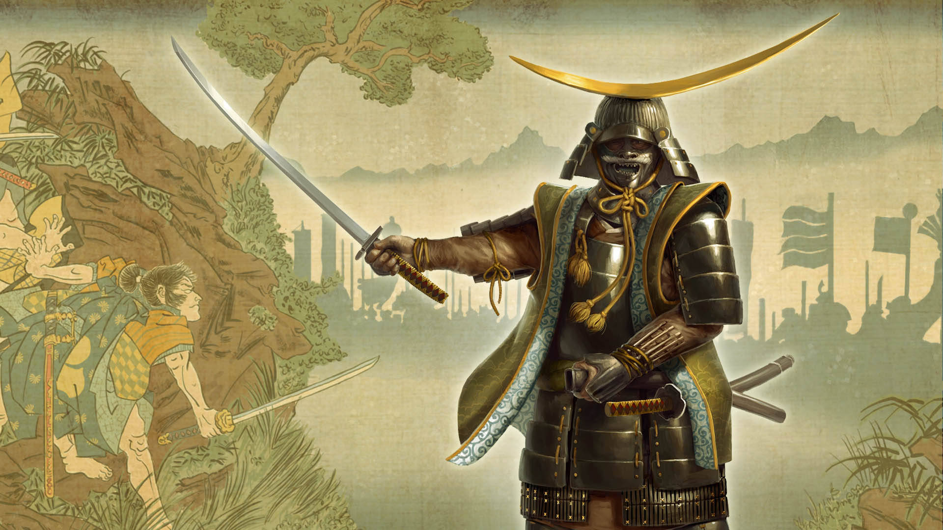 shogun 2 total war 桌布 壁紙 — 一位身穿華麗鎧甲的武士戰士，在霧氣繚繞的山脈和遠方旗幟的背景下，手持武士刀蓄勢待發。