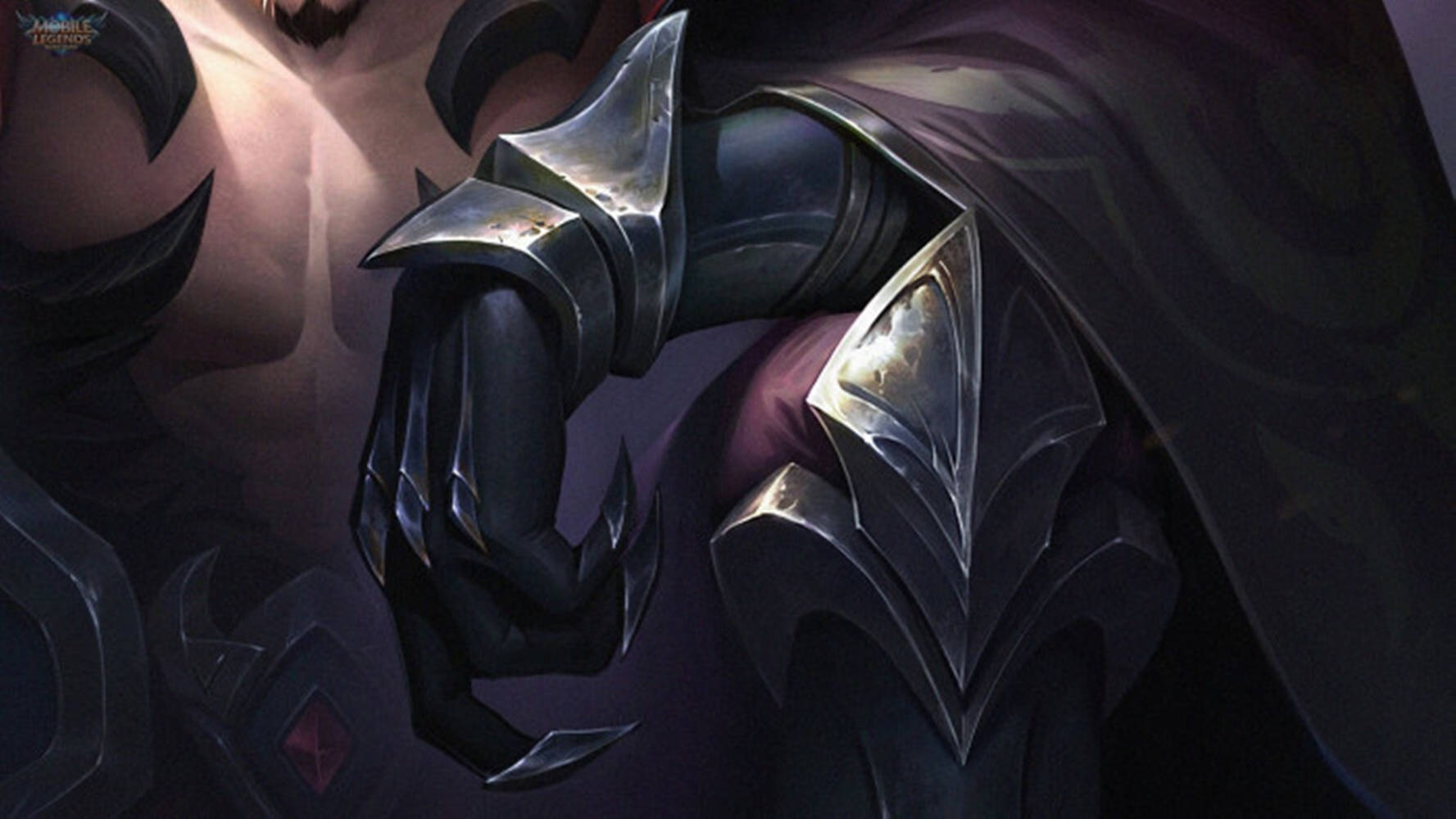 Mobile Legends 動態圖 桌布 壁紙 — 一位身穿華麗黑色盔甲、帶有發光紅色點綴和飄逸披風的黑暗奇幻戰士。