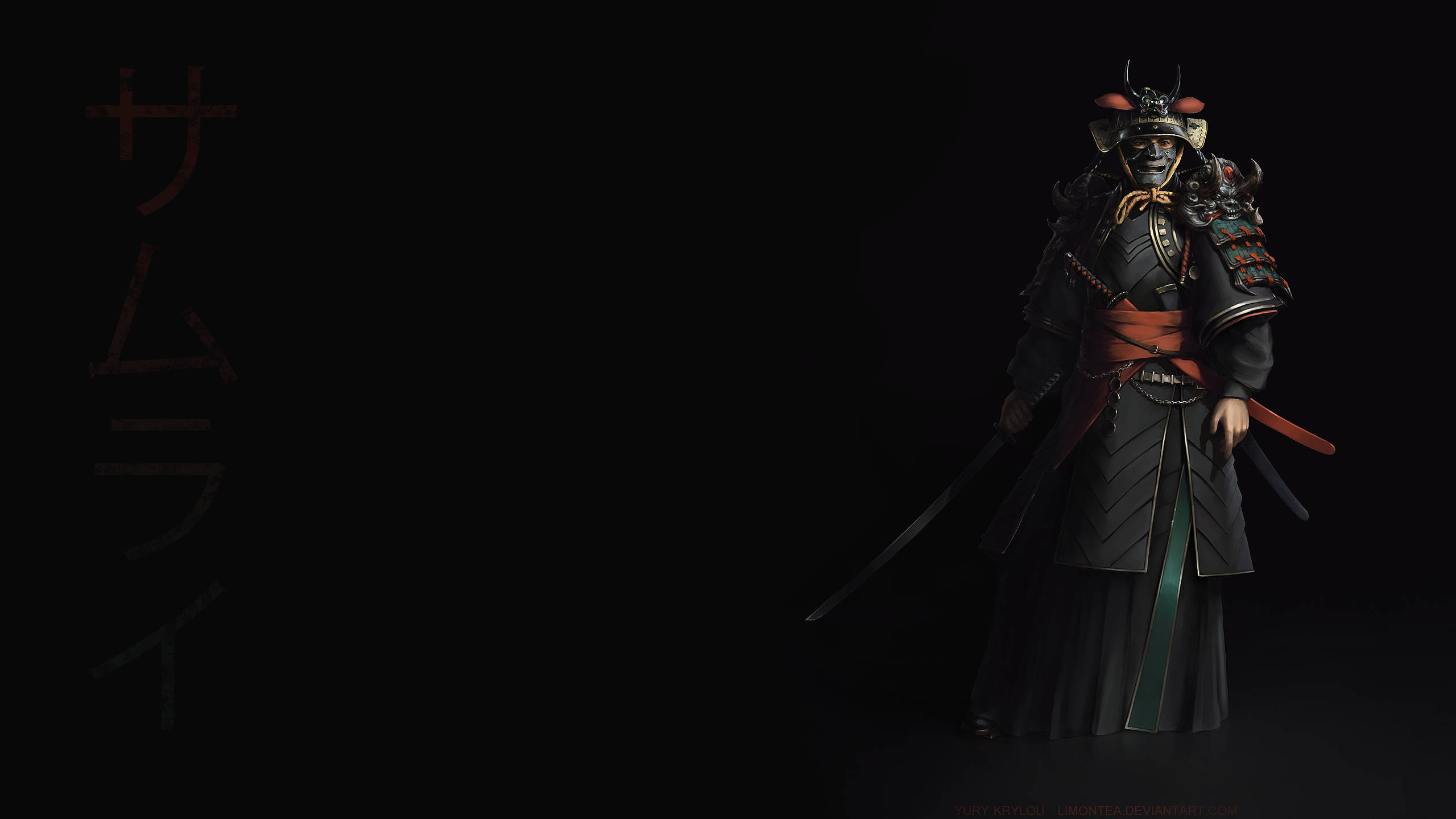 日本武士 桌布 壁紙 — 一位身穿華麗黑色盔甲、帶有紅色點綴的武士戰士，在帶有日文的黑暗背景前蓄勢待發。