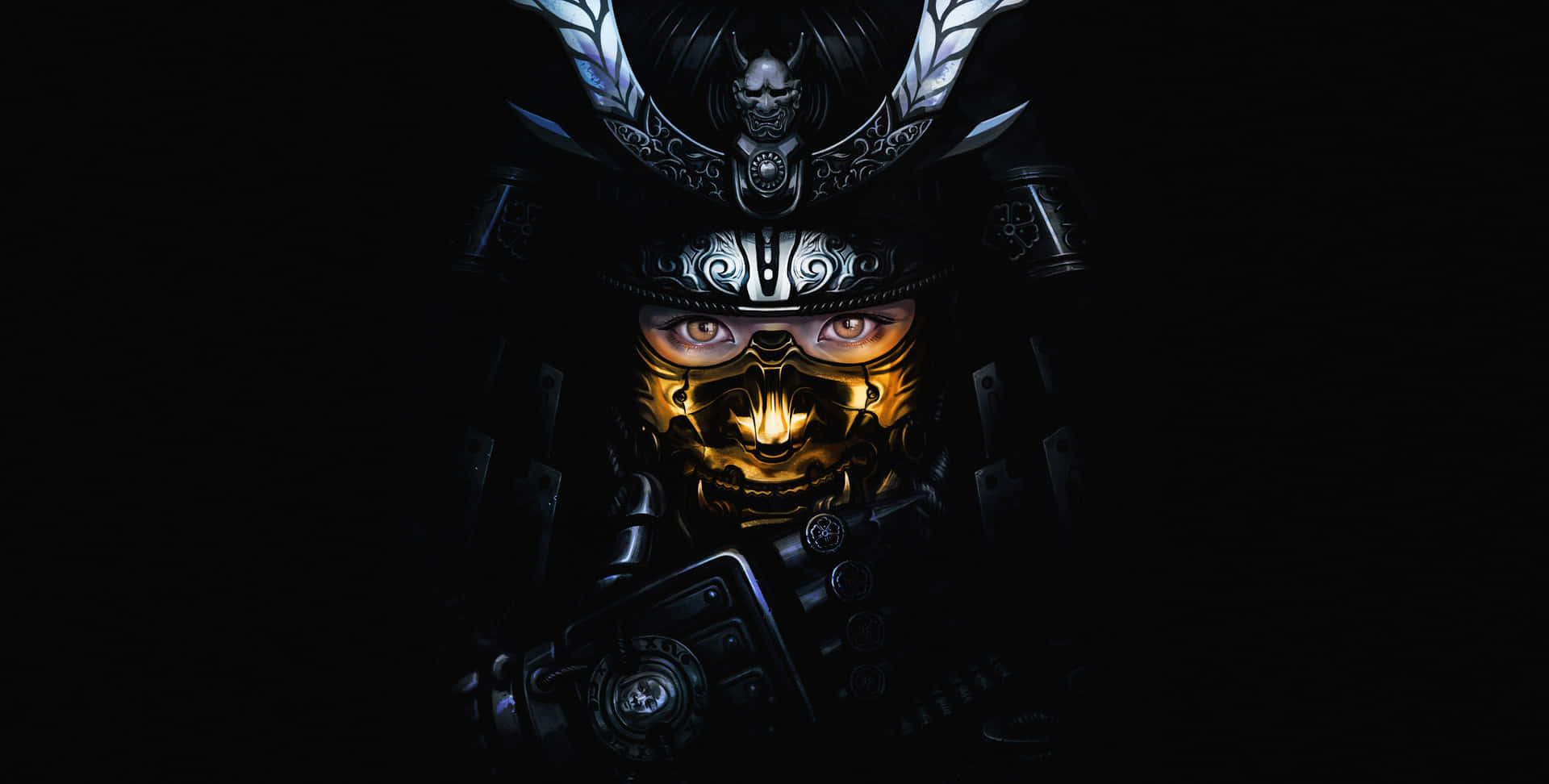 武士動畫 桌布 壁紙 — 一位身穿華麗黑色盔甲、擁有金色發光眼睛的武士戰士，在漆黑背景下強烈凝視。