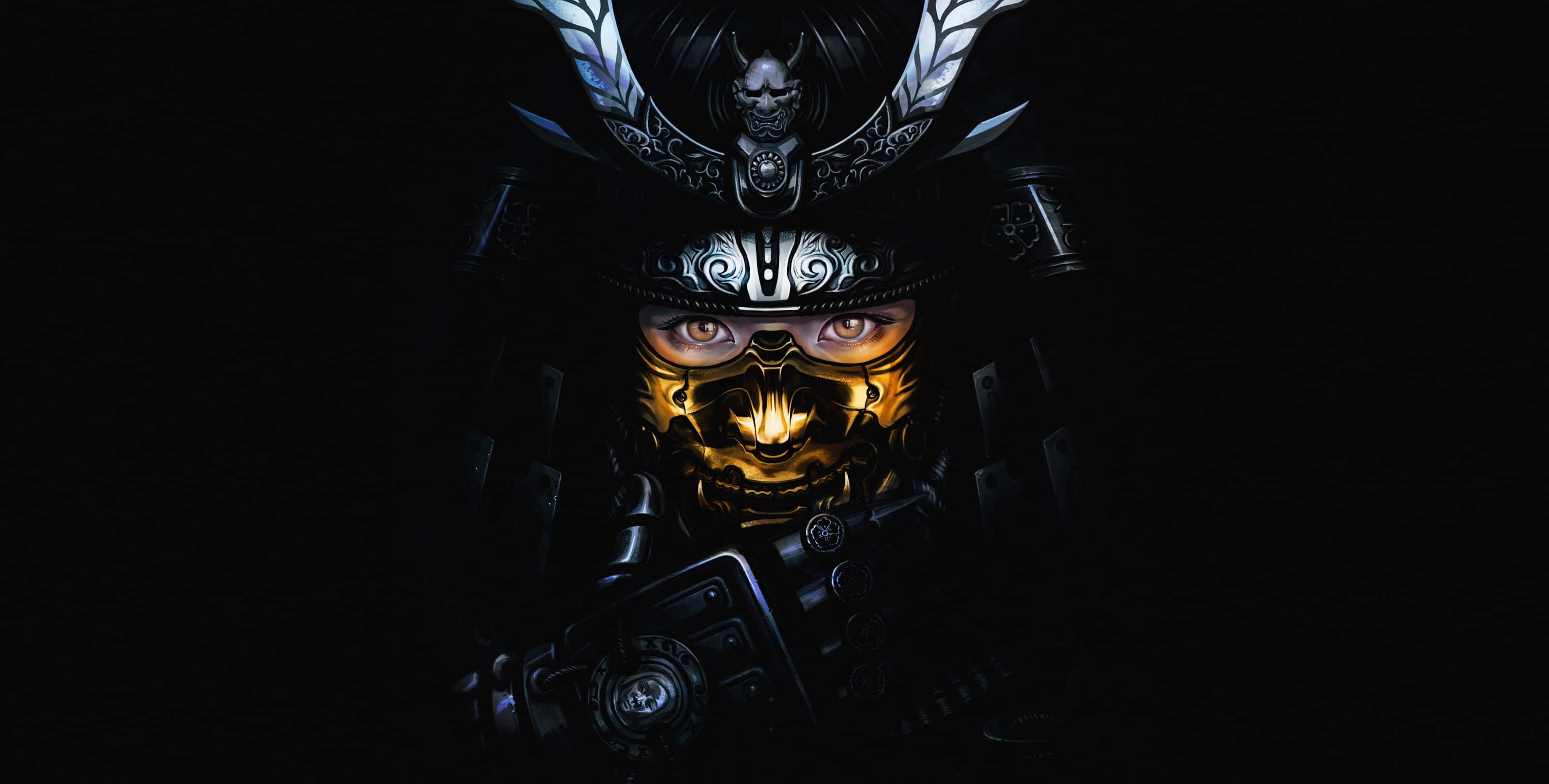 Samurai Armor 桌布 壁紙 — 一位身穿華麗黑色盔甲、擁有金色發光眼睛的武士戰士，在黑暗背景下凝視著。