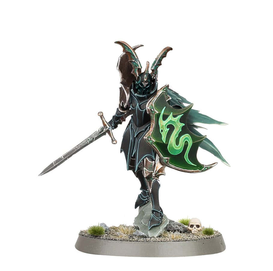 Vampire Lord 桌布 壁紙 — 一位身穿華麗黑色盔甲的黑暗奇幻戰士揮舞著劍和帶有蛇形圖案的綠色發光盾牌。