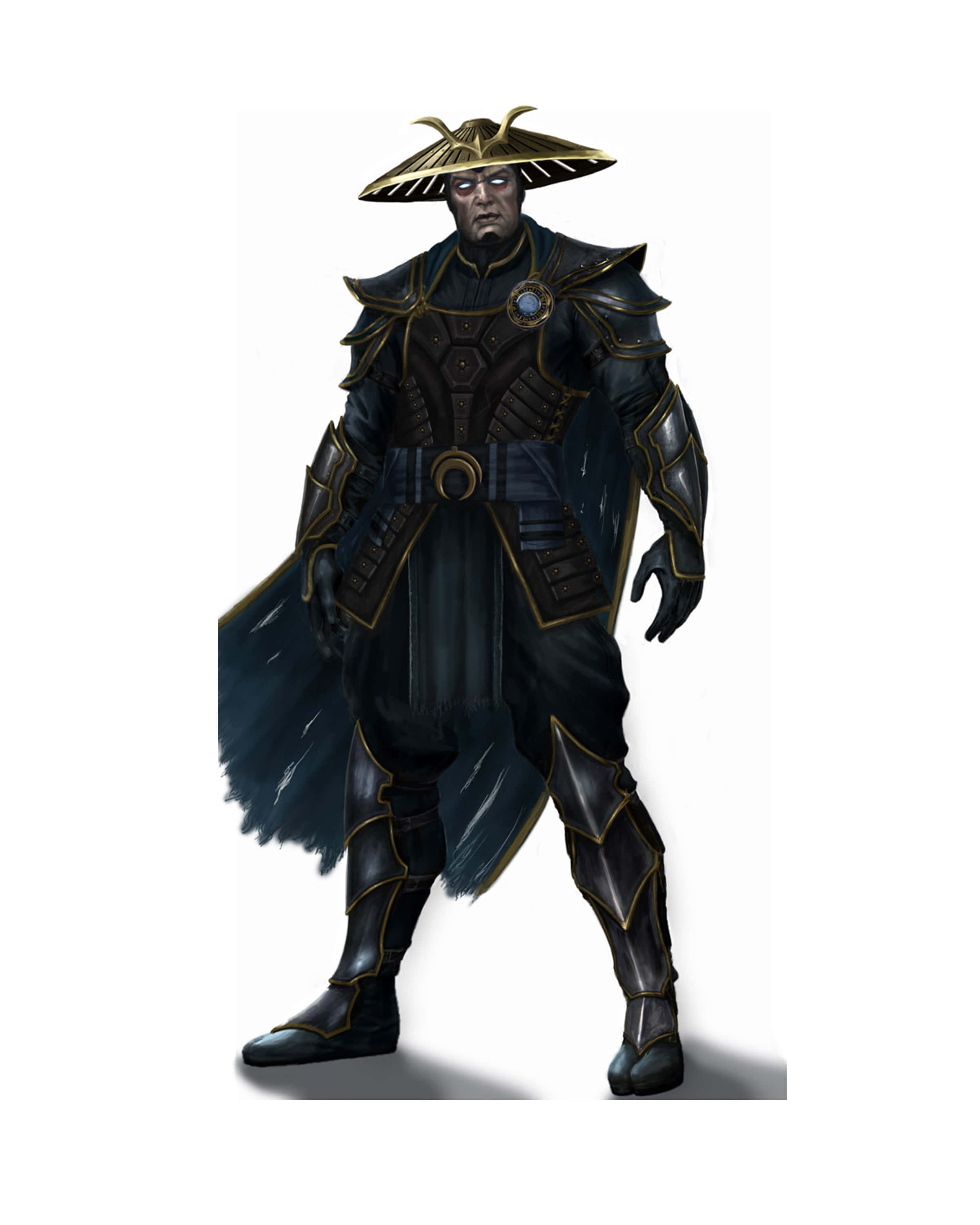 Mortal Kombat Raiden 桌布 壁紙 — 一位身穿華麗黑金武士鎧甲、頭戴寬邊帽的暗黑裝甲戰士，在純白背景前蓄勢待發。