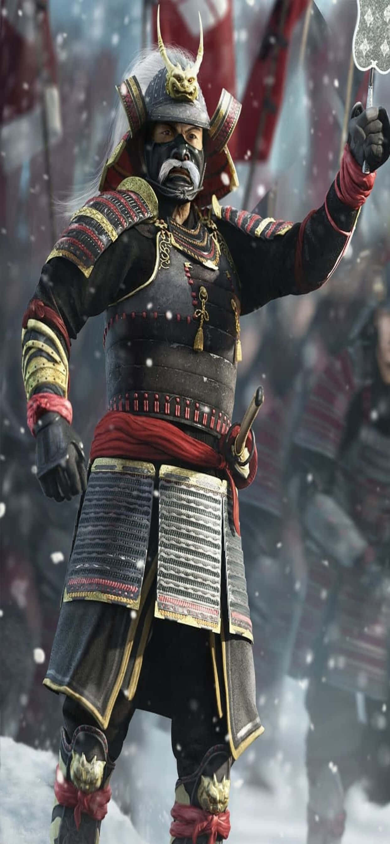 iPhone Xs Max Total War Shogun 2 桌布 壁紙 — 一位身穿華麗黑金鎧甲的武士，在雪地戰場上傲然挺立，高舉武士刀對抗模糊的軍隊。
