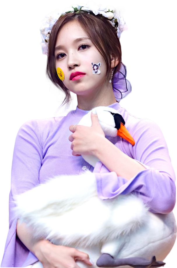 twice 桌布 壁紙 — 一位身穿薰衣草色上衣的年輕女性，戴著花卉頭帶和臉部貼紙，抱著一隻白色毛絨天鵝。