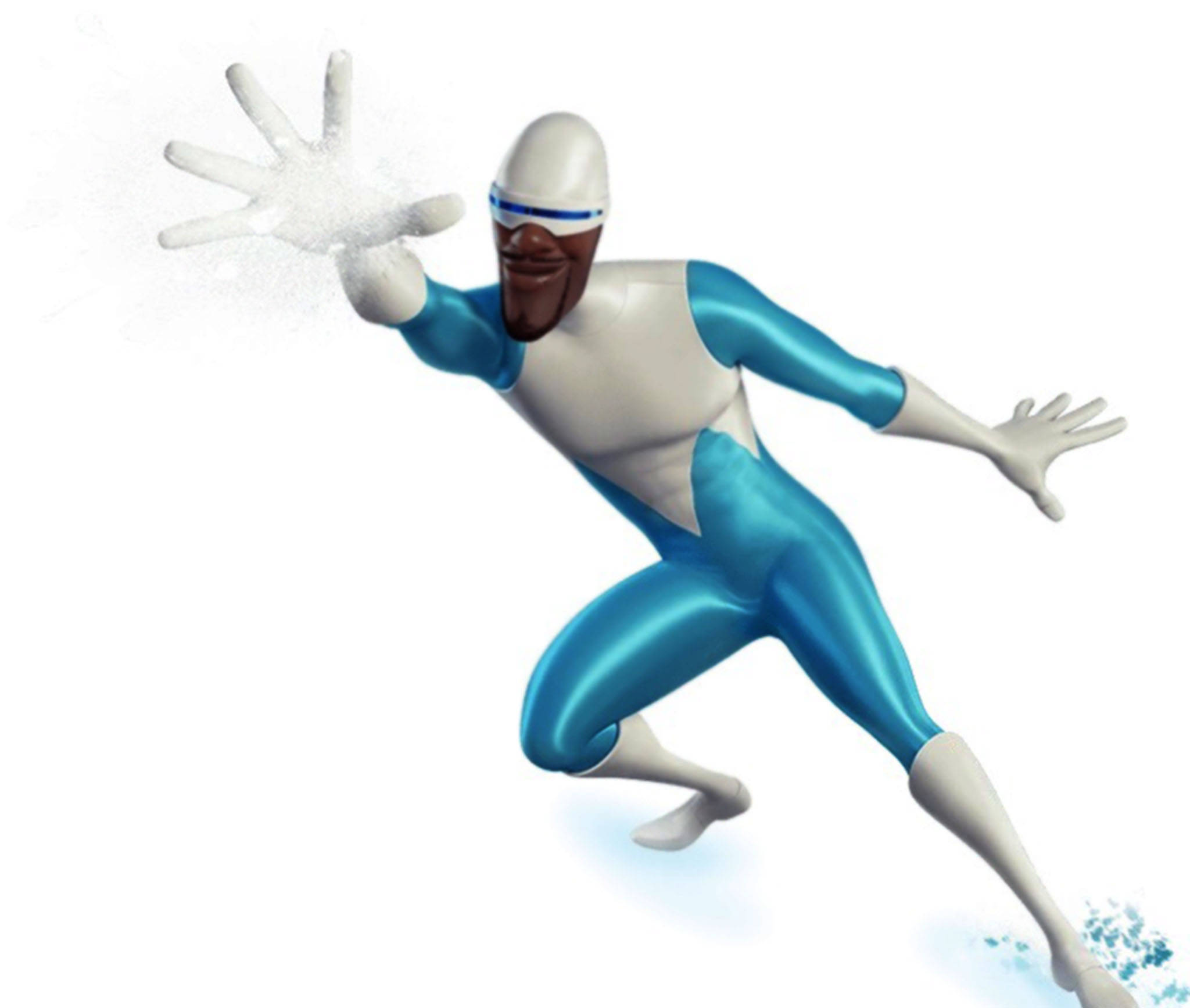 Frozone 桌布 壁紙 — 一位身穿藍白套裝的超級英雄向前衝刺，冰粒子從他伸出的手中爆發出來。