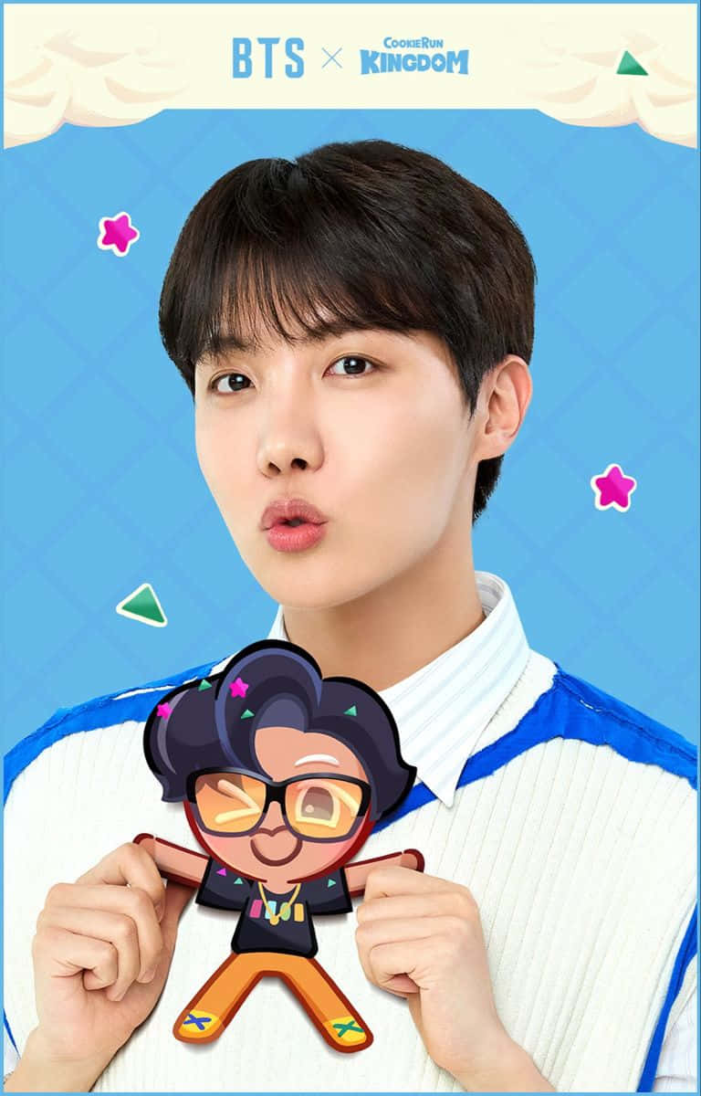 Bts Endorsements 桌布 壁紙 — 一位身穿藍白毛衣的年輕男子，在明亮的藍色背景上，手持Cookie Run Kingdom的卡通角色，周圍有俏皮的形狀。