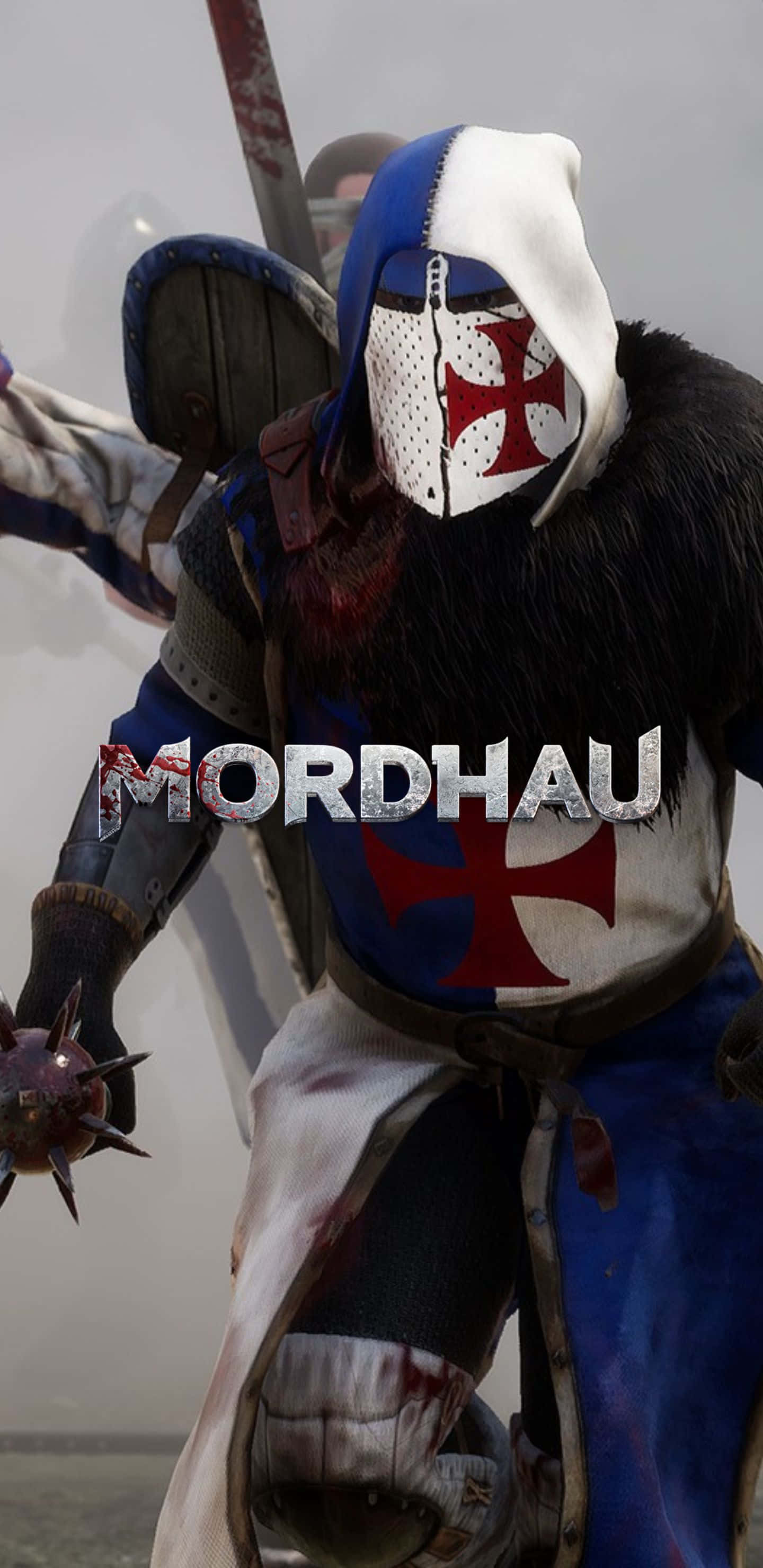 Pixel 3xl Mordhau 桌布 壁紙 — 一位身穿藍白盔甲、帶有紅色十字徽章的騎士，在迷霧戰場上揮舞著帶刺的狼牙棒。