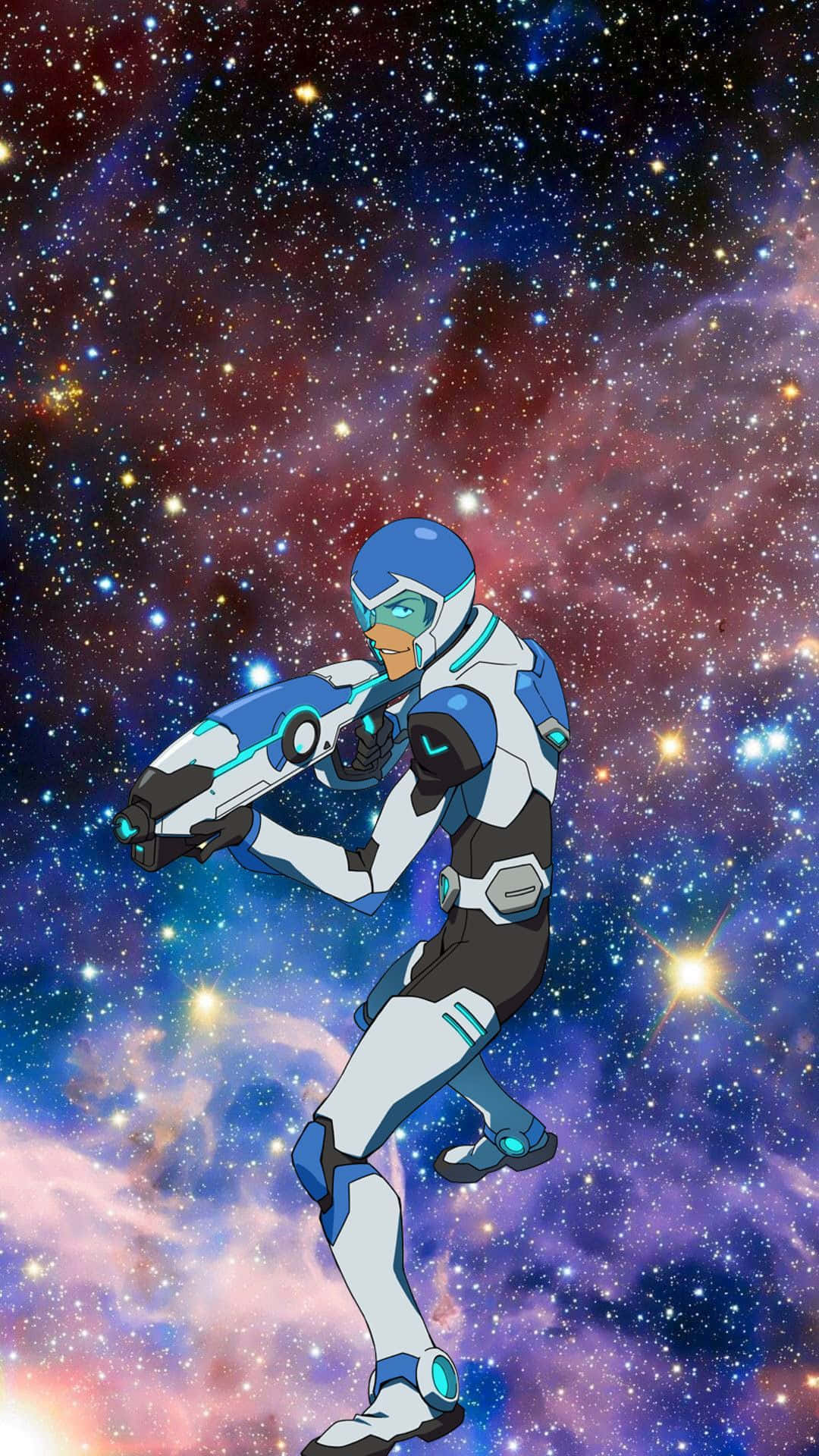 voltron 桌布 壁紙 — 一位身穿藍白盔甲的未來太空人，在充滿活力的宇宙星雲背景下發射發光武器。