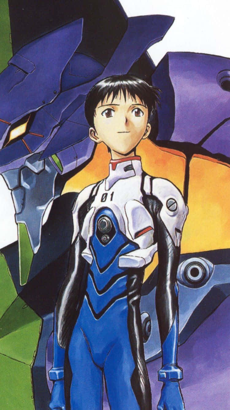 Shinji Ikari 桌布 壁紙 — 一位身穿藍白緊身衣的年輕動畫飛行員自信地站在一座高聳的紫色和橙色機甲前。