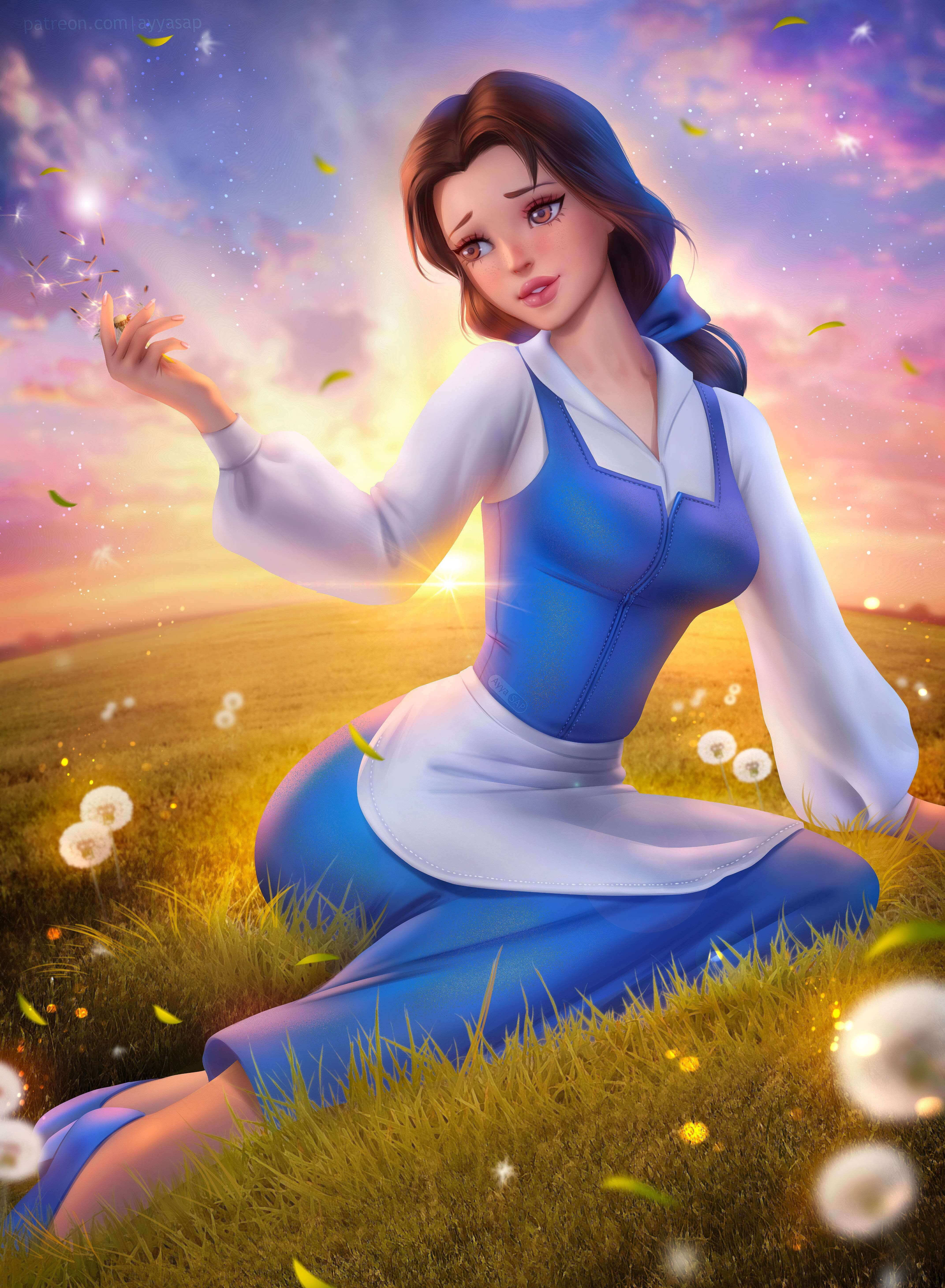 Belle 桌布 壁紙 — 一位身穿藍白衣服的美麗動畫女子跪在陽光明媚的田野中，在充滿活力的暮色天空下釋放蒲公英種子。