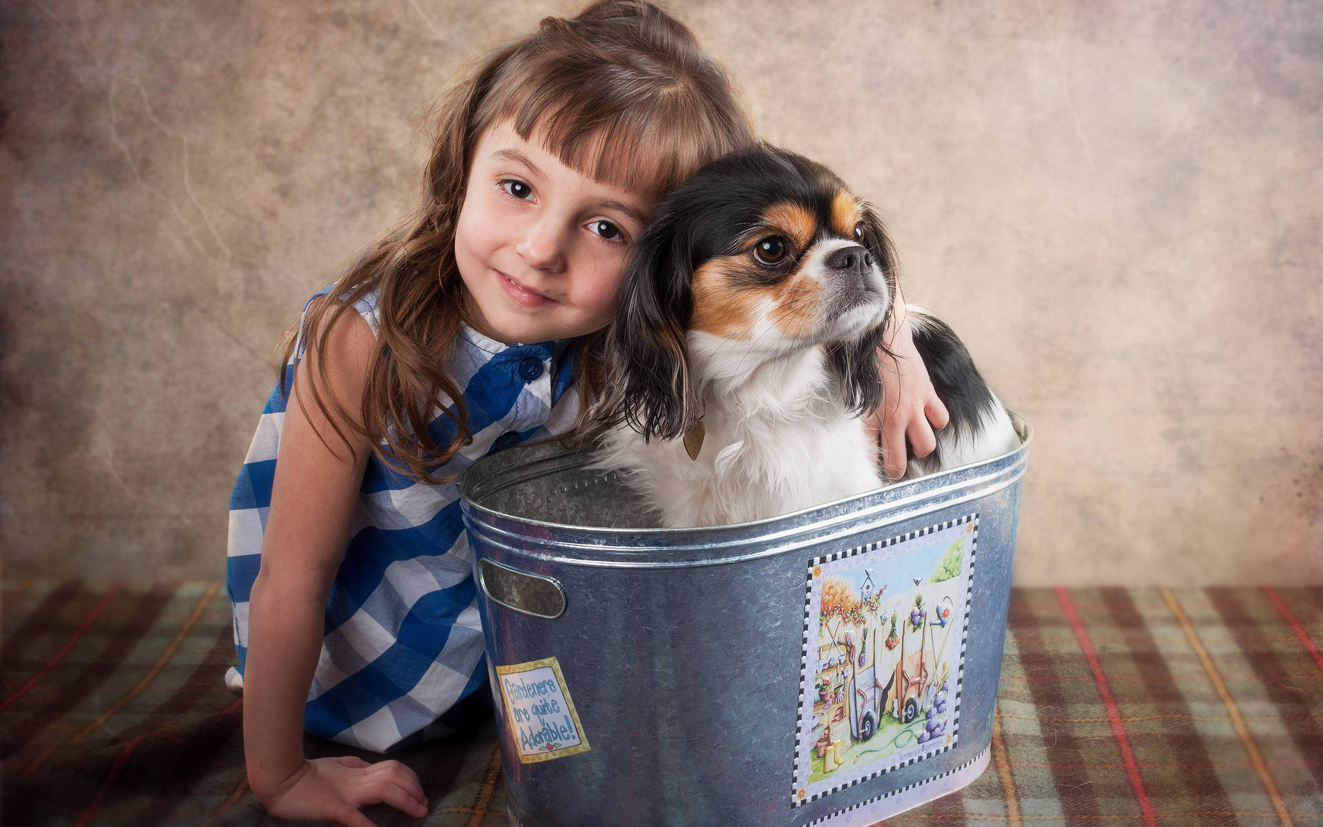 Dog And Girl 桌布 壁紙 — 一位身穿藍白連衣裙的小女孩微笑著，在裝飾金屬桶內擁抱一隻騎士查理王小獵犬。