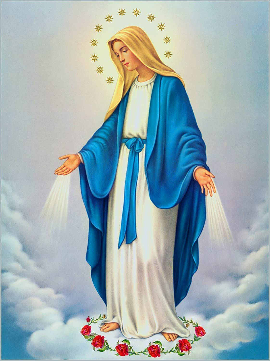Catholic 桌布 壁紙 — 一位身穿藍白長袍的寧靜宗教人物站在雲端，頭頂有金色星星光環，腳下有紅玫瑰。