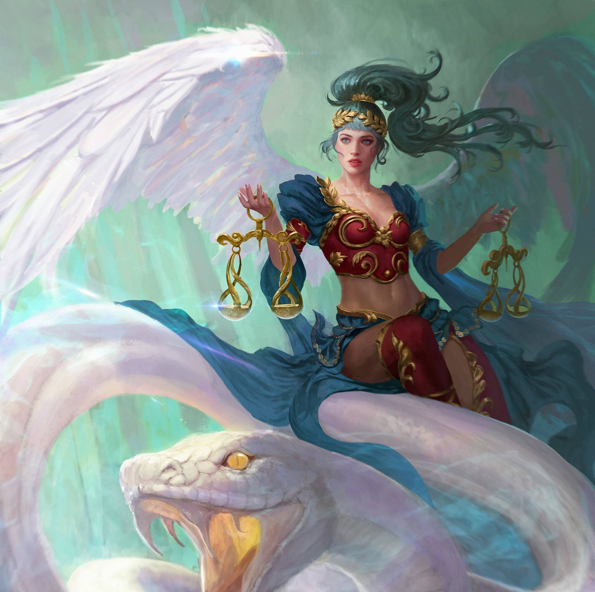 zodiac 桌布 壁紙 — 一位身穿藍紅長袍的威嚴有翼女神騎在一條盤繞的白蛇上，手持金色天秤。