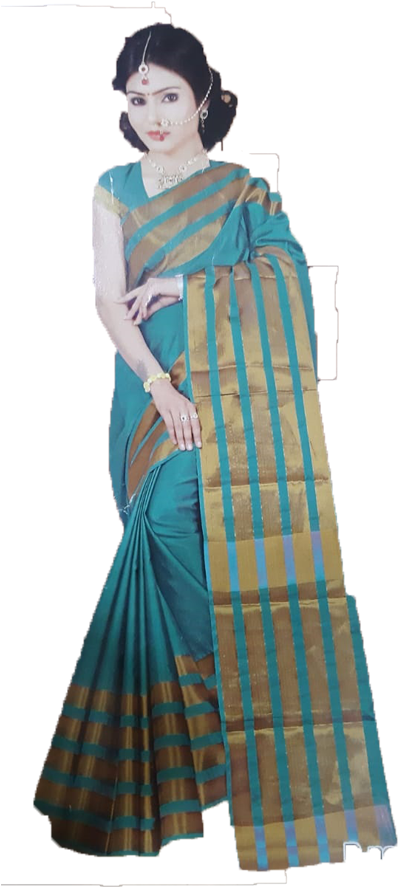 Saree 桌布 壁紙 — 一位身穿藍綠色和金色條紋紗麗的女性在素色背景前優雅地擺姿勢。