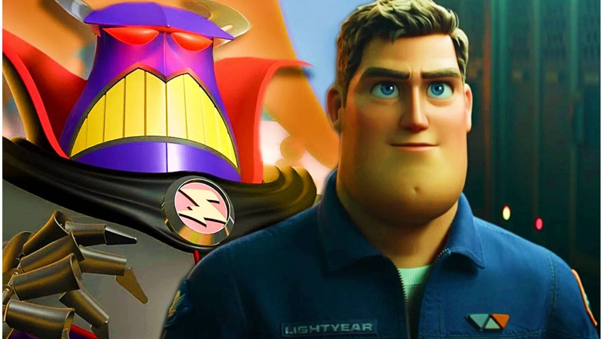 emperor zurg 桌布 壁紙 — 一位身穿藍色 Lightyear 外套的堅定太空人，站在一個擁有發光紅眼和尖牙的威脅性紫色反派旁邊。