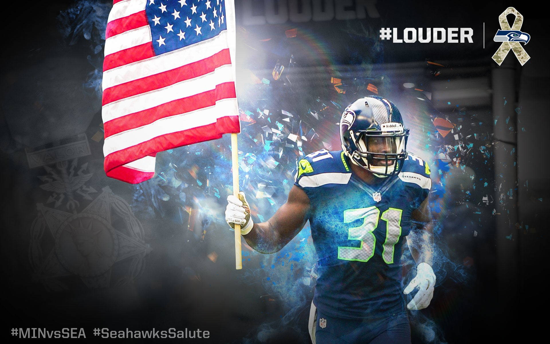 Seattle Seahawks 桌布 壁紙 — 一位身穿藍色31號球衣的西雅圖海鷹隊美式足球員，在發光的藍色能量和碎玻璃效果中手持美國國旗。