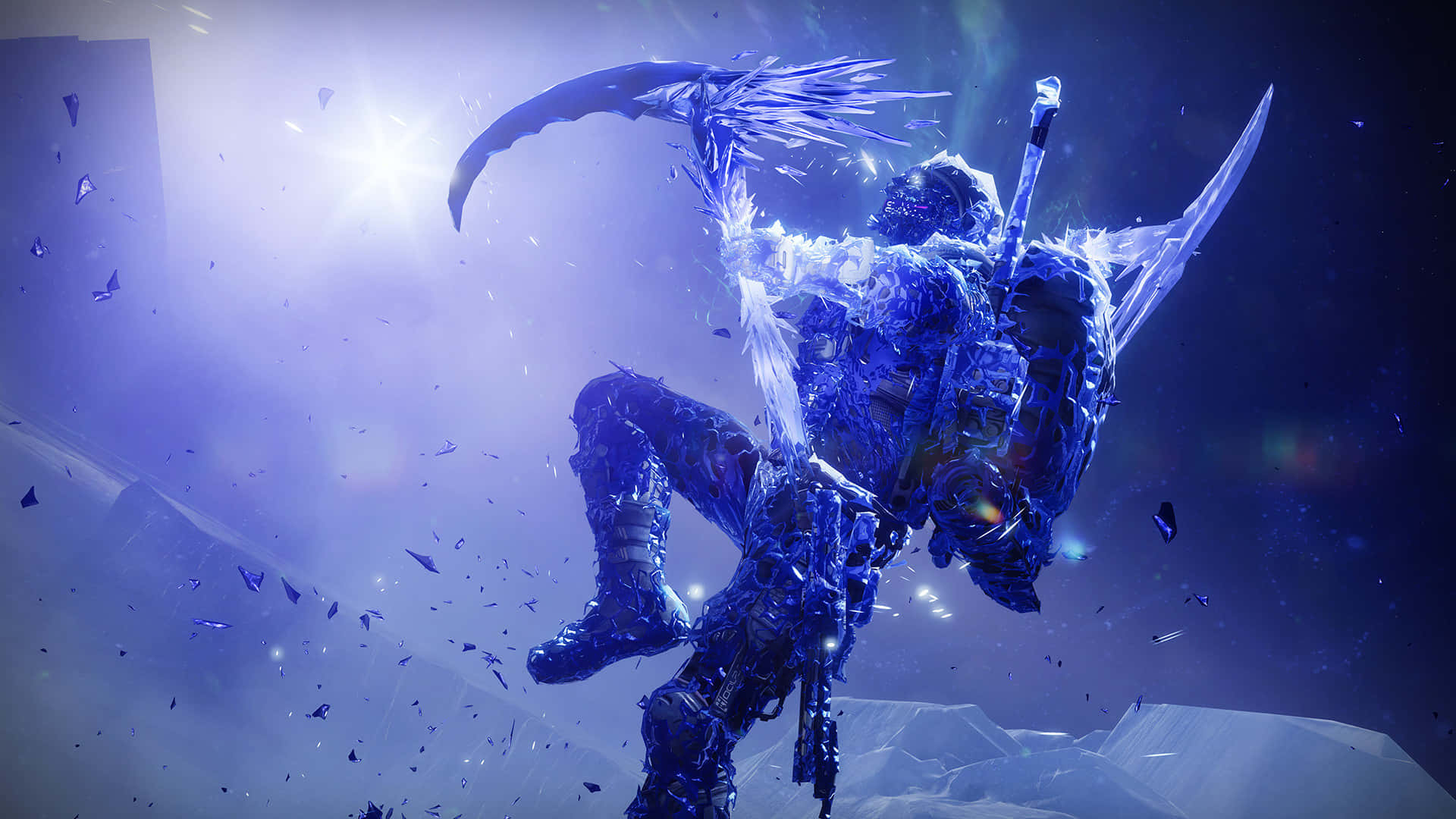 Best Destiny 2 桌布 壁紙 — 一位身穿藍色冰甲、手持鐮刀和劍的戰士，在發光的宇宙背景下動態跳躍。