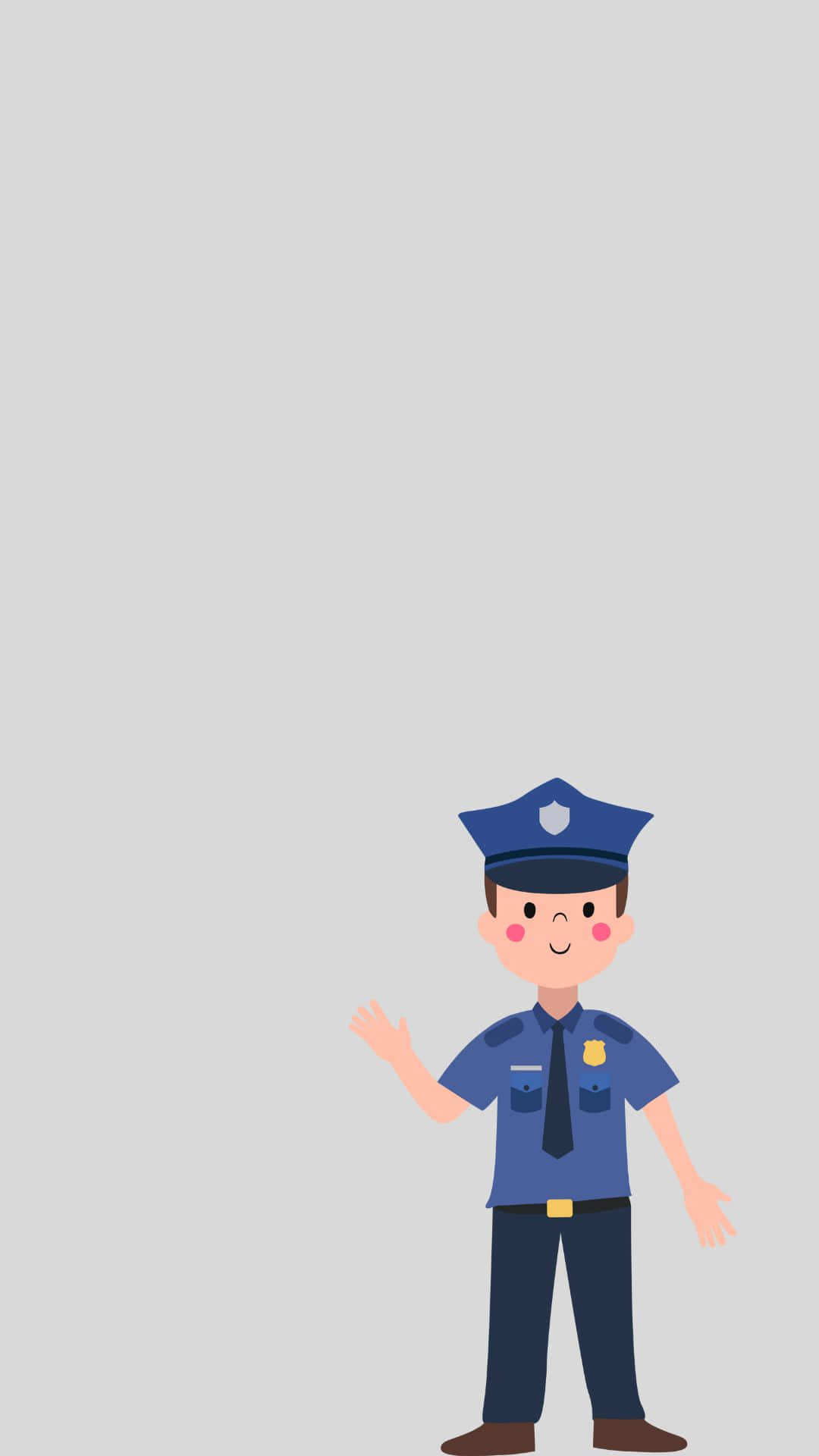 警察 桌布 壁紙 — 一位身穿藍色制服、開心的卡通警察，在純灰色背景前愉快地揮手。