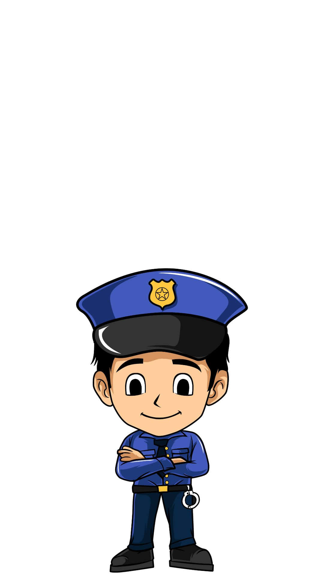 警察 桌布 壁紙 — 一位身穿藍色制服、開心的卡通警察，自信地交叉雙臂站在純白色背景前。