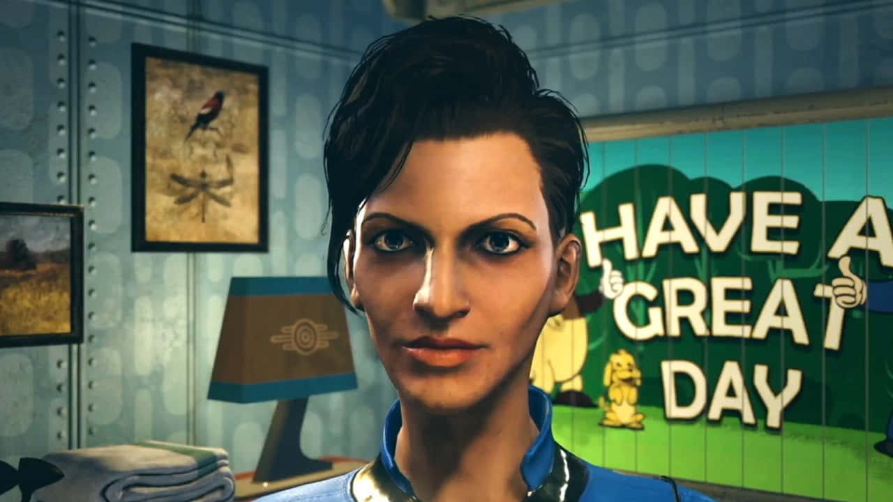 Fallout Characters 桌布 壁紙 — 一位身穿藍色制服的女人在一個復古未來風格的房間裡向前凝視，身後有一個寫著「Have a Great Day」的標誌。