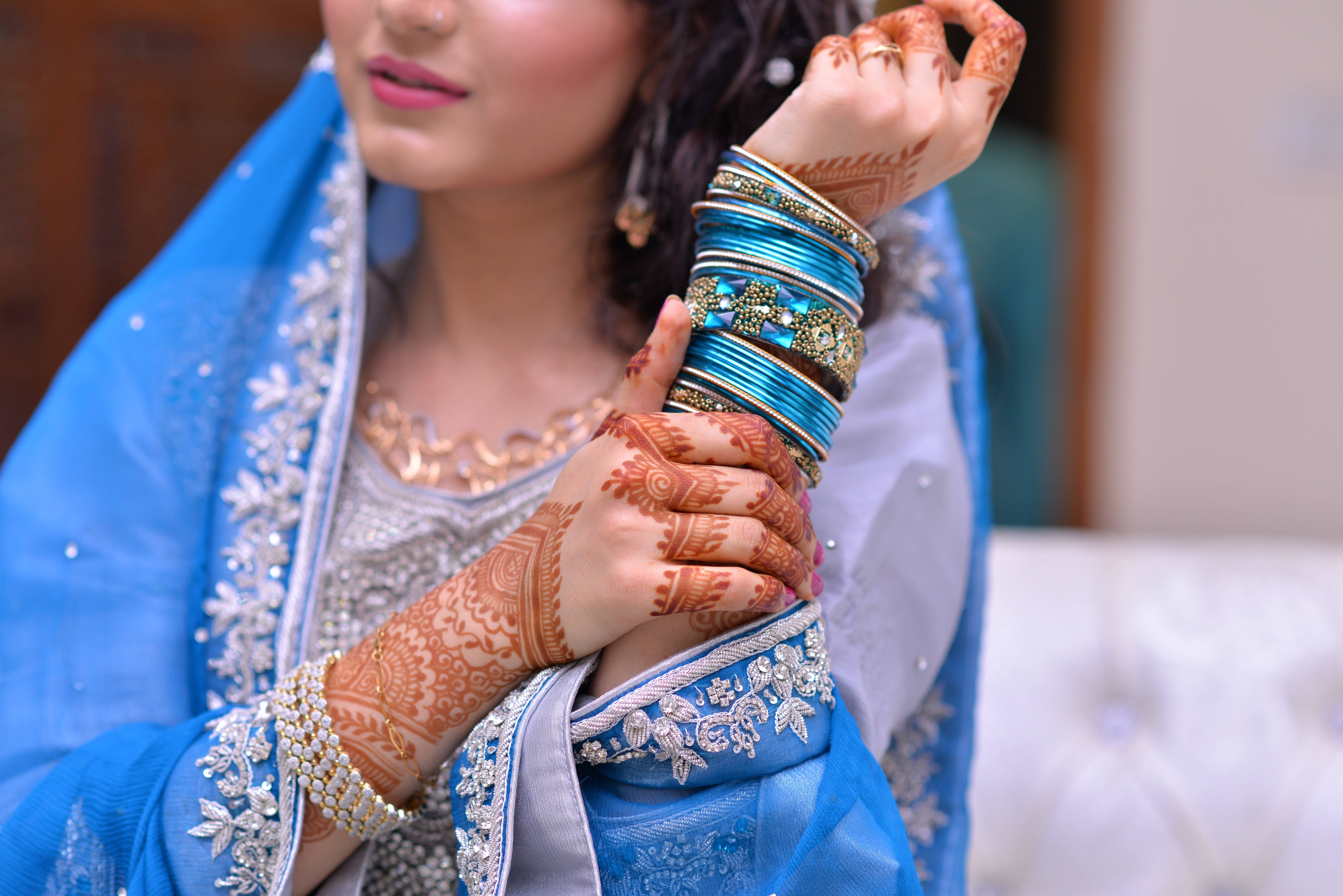 Bridal 桌布 壁紙 — 一位身穿藍色刺繡服裝的女性展示了她手上複雜的指甲花圖案，手上戴著疊加的綠松石手鐲。