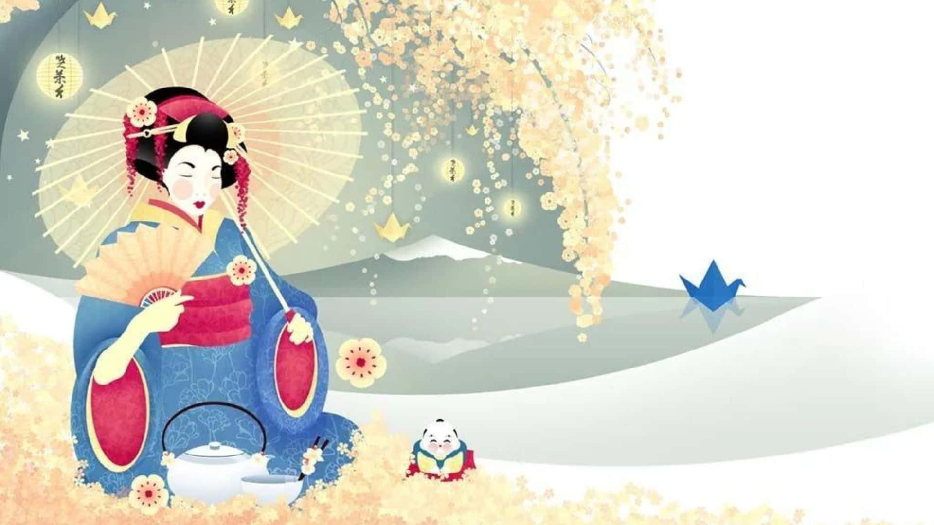 Kawaii Art 桌布 壁紙 — 一位身穿藍色和服的寧靜藝妓坐在紙傘下，背景是山巒和飄落的櫻花。