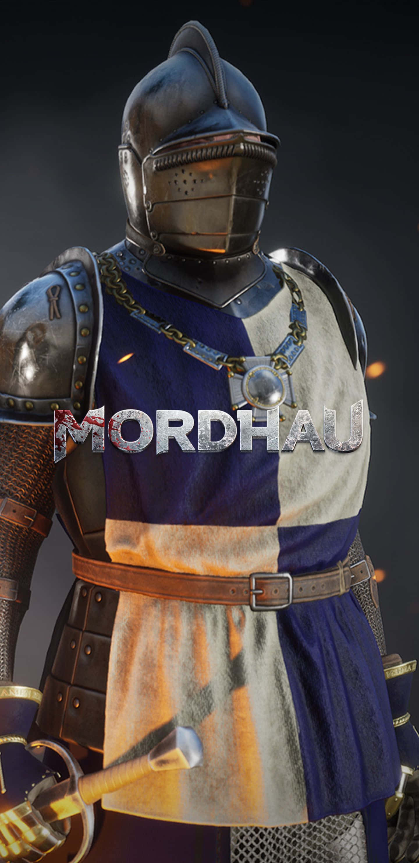 Pixel 3xl Mordhau 桌布 壁紙 — 一位身穿藍色和米色束腰外衣、細節豐富的中世紀盔甲騎士，在黑暗背景下手持發光的劍。