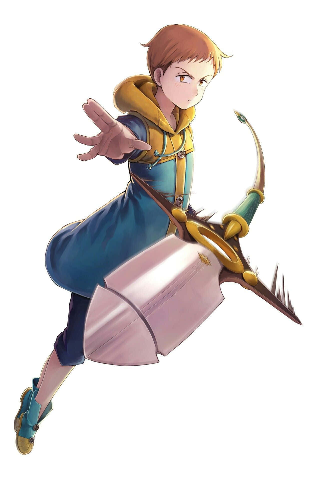 Seven Deadly Sins King 桌布 壁紙 — 一位身穿藍色和金色服裝的年輕動漫弓箭手，拉弓持盾向前躍進。