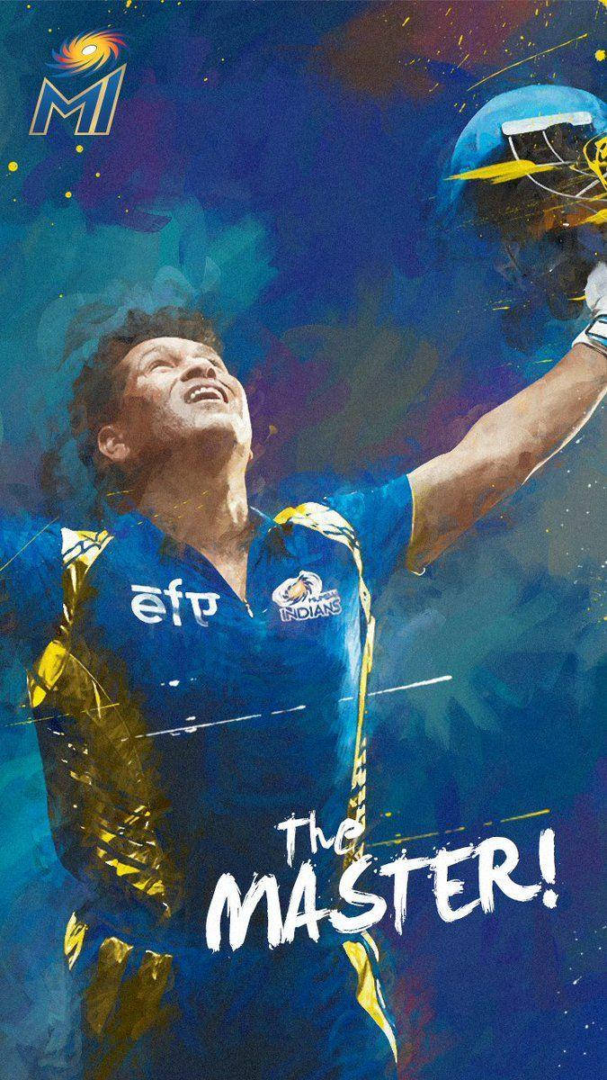 Mumbai Indians 桌布 壁紙 — 一位身穿藍色和金色球衣的勝利板球運動員在充滿活力的抽象藍色背景前舉起頭盔慶祝勝利。