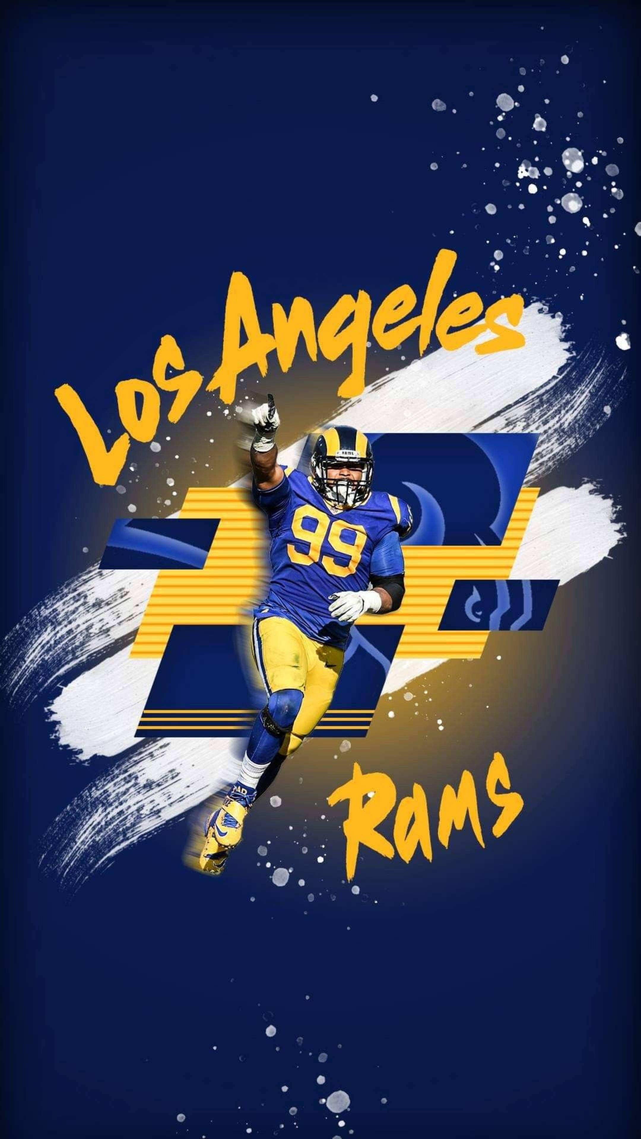 Rams 桌布 壁紙 — 一位身穿藍色和金色球衣的洛杉磯公羊隊動感足球員，在深藍色背景上以粗獷的筆觸圖案跳躍。