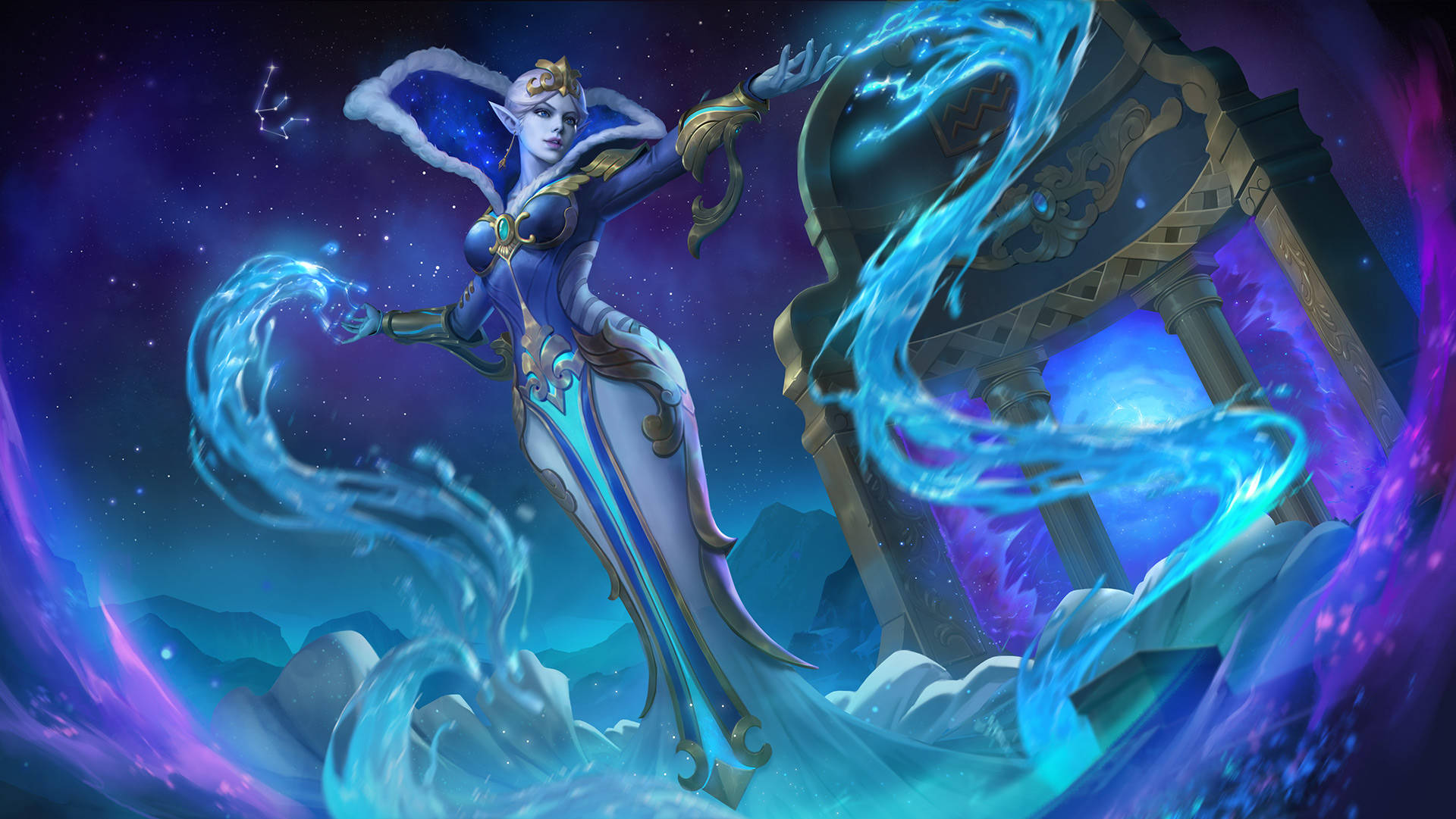 heroes 桌布 壁紙 — 一位身穿藍色和金色盔甲的奇幻精靈女王，在繁星點點的紫色天空下，於宇宙廢墟中引導發光的藍色能量。
