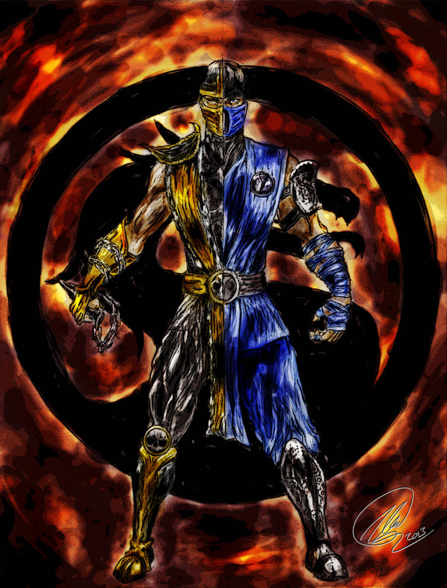 mortal kombat scorpion vs sub zero 桌布 壁紙 — 一位身穿藍色和金色盔甲的雙面戰士，在旋轉的火焰漩渦背景下挑釁地站立。