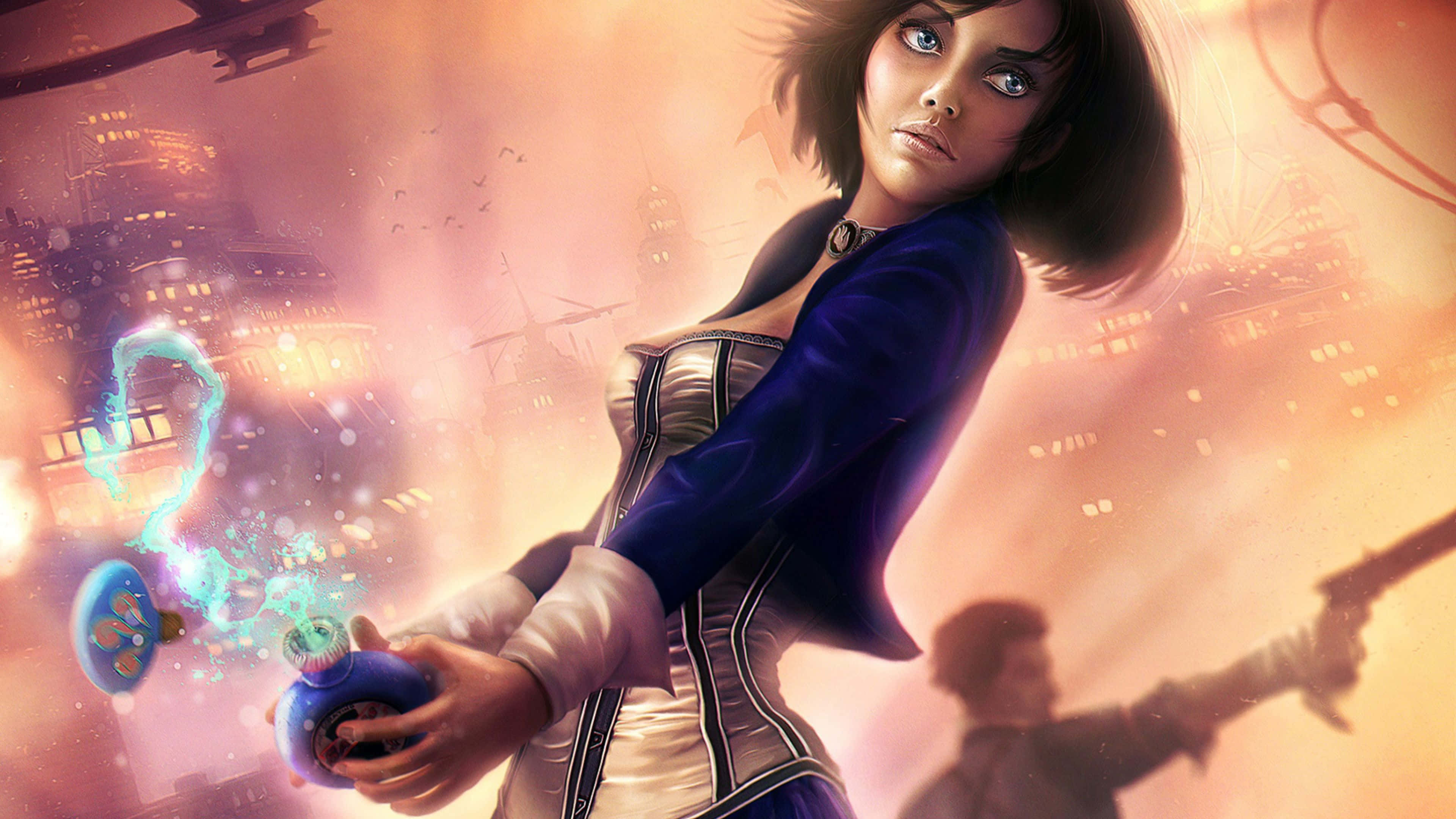 Best Bioshock Infinite 桌布 壁紙 — 一位身穿藍色外套的堅定女子，在熾熱的城市背景下揮舞著發光的魔法裝置。