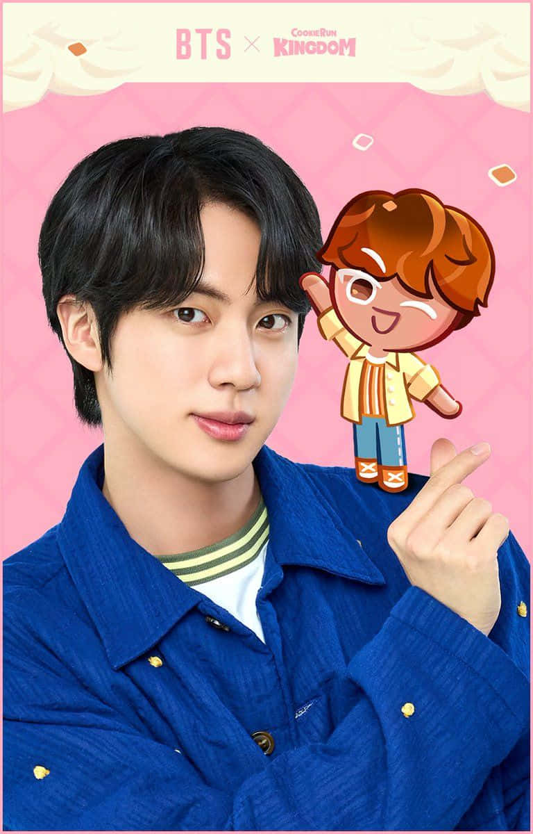 Bts Endorsements 桌布 壁紙 — 一位身穿藍色外套的年輕男子在粉紅色絎縫背景前，與自己的卡通版並排擺姿勢。