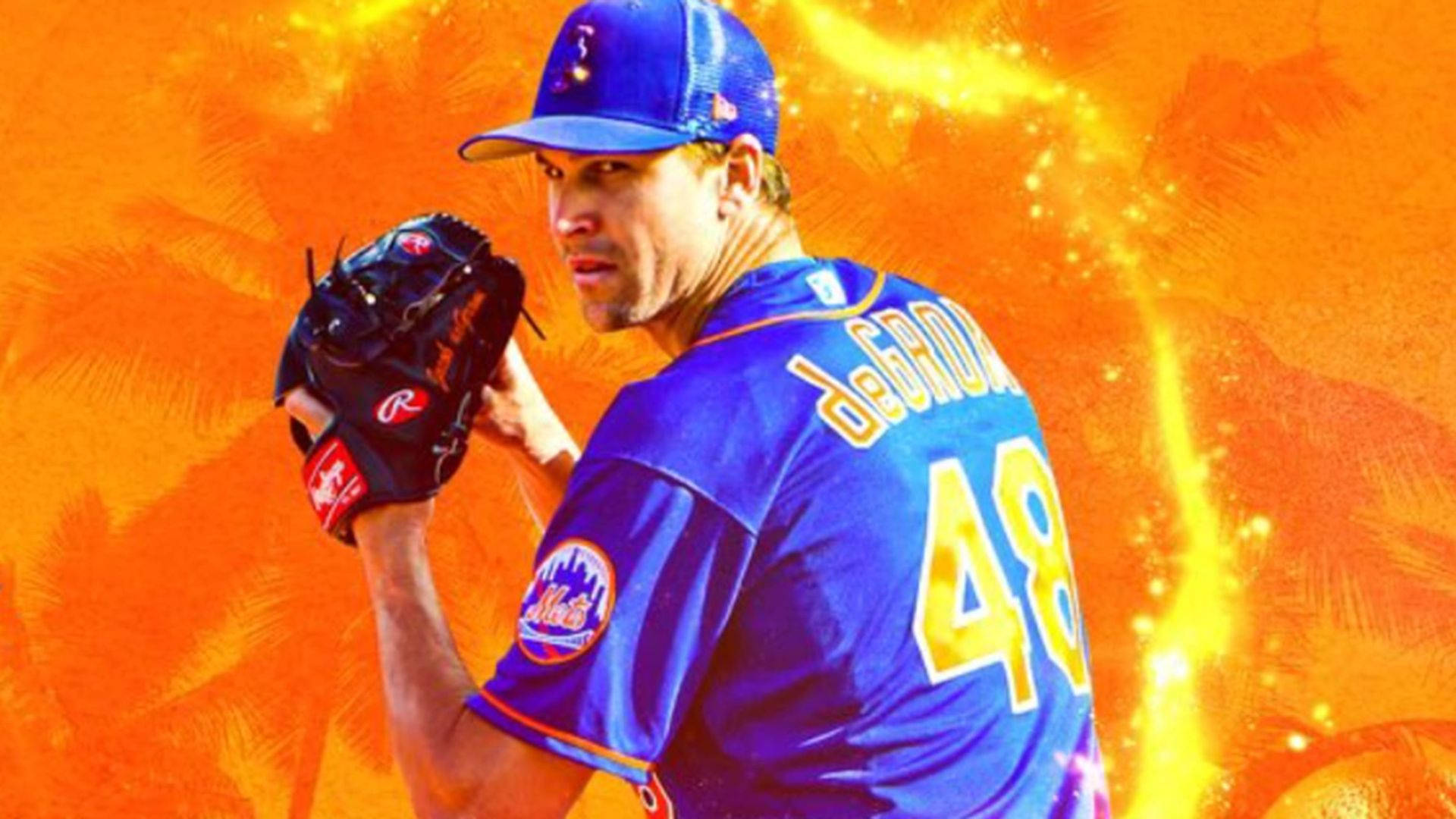 Degrom 桌布 壁紙 — 一位身穿藍色大都會隊48號球衣的棒球投手，站在火熱的橙色背景前，背景有棕櫚葉和發光的能量軌跡。