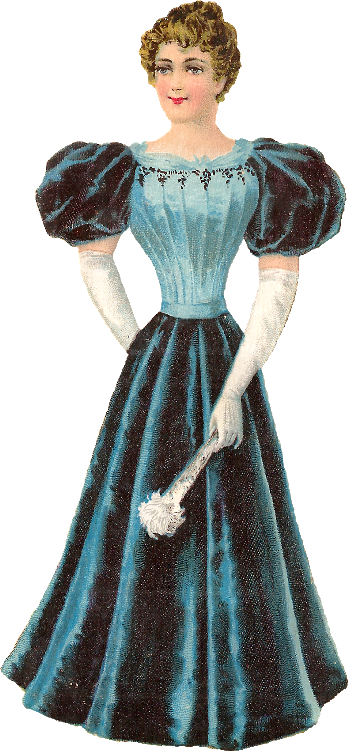 Victorian 桌布 壁紙 — 一位身穿藍色天鵝絨長袍、泡泡袖和白色手套、手持羽毛扇的女性的復古插圖。