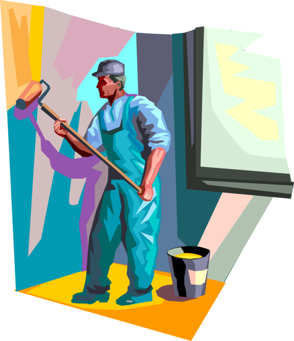Renovation 桌布 壁紙 — 一位身穿藍色工作服的油漆工在色彩繽紛的幾何光線下，用滾筒將鮮豔的黃色油漆塗在牆上。