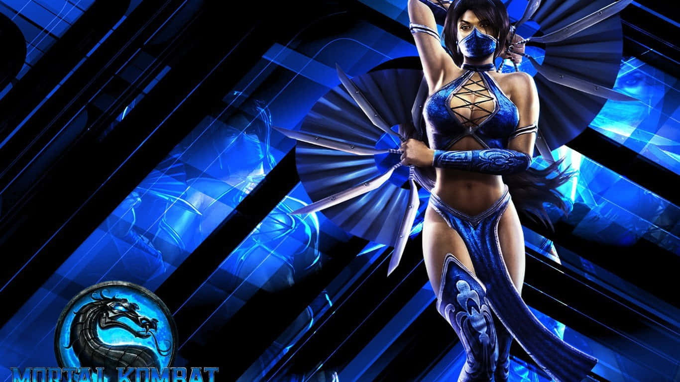Mortal Kombat Kitana 桌布 壁紙 — 一位身穿藍色服裝的女性戰士手持刀刃扇子，站在發光的藍色碎裂背景前。