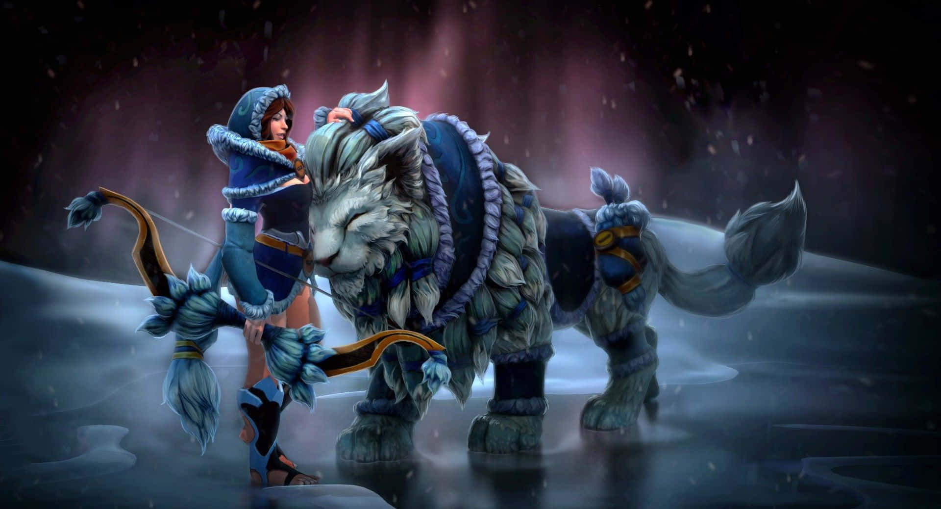 Mirana 桌布 壁紙 — 一位身穿藍色毛皮鑲邊盔甲的戰士，在雪地黃昏的景色中，與一隻巨大的雪豹同伴並肩而立。