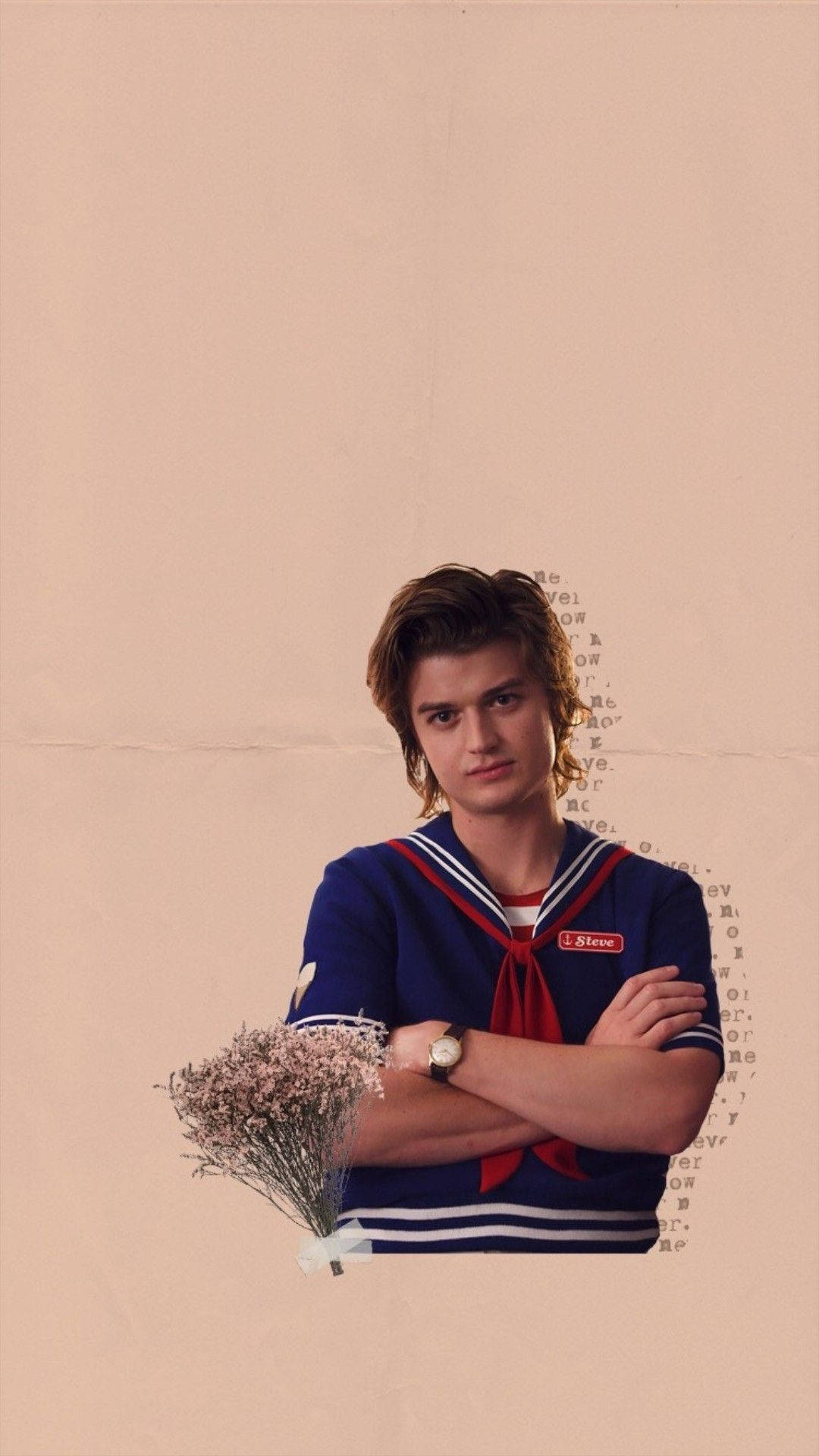 身穿水手服的年輕男子交叉雙臂，手持乾花。 — 怪奇物語 壁紙