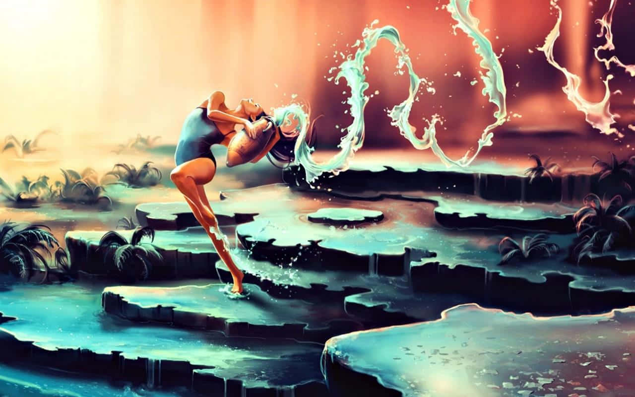 aquarius 桌布 壁紙 — 一位身穿藍色泳衣的女性在溫暖的夕陽光芒中，優雅地躍過發光的碧綠瀑布，背景是超現實的熱帶景觀。