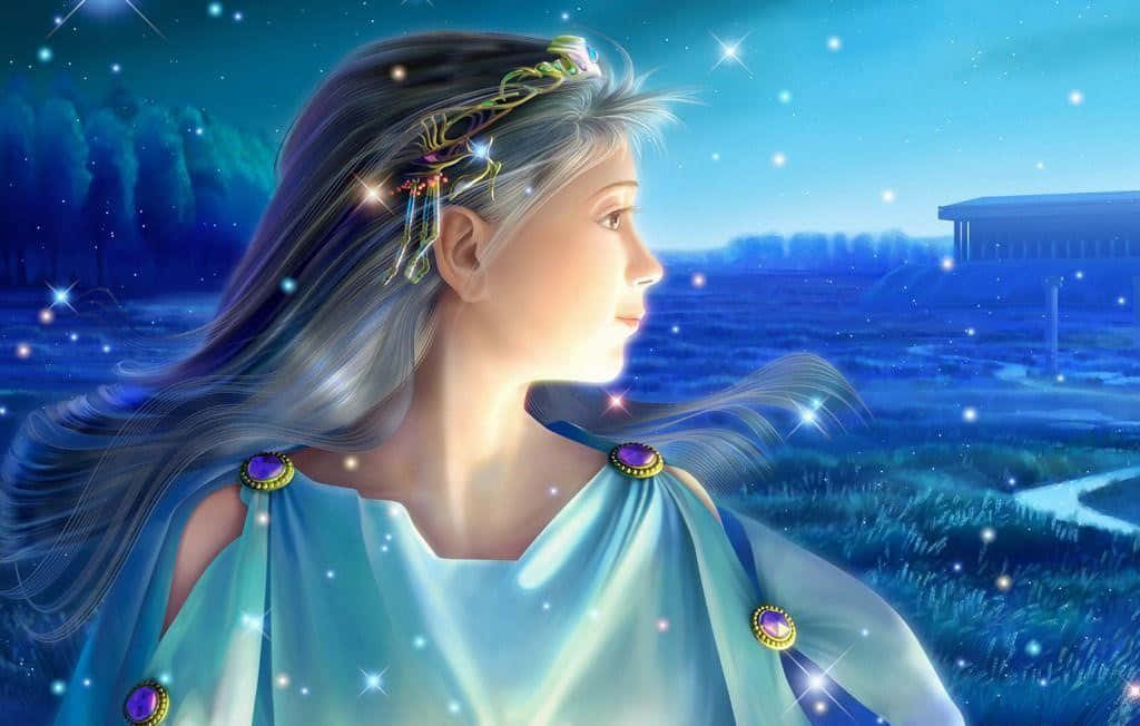 一位身穿藍色洋裝的女孩站在田野中 壁紙