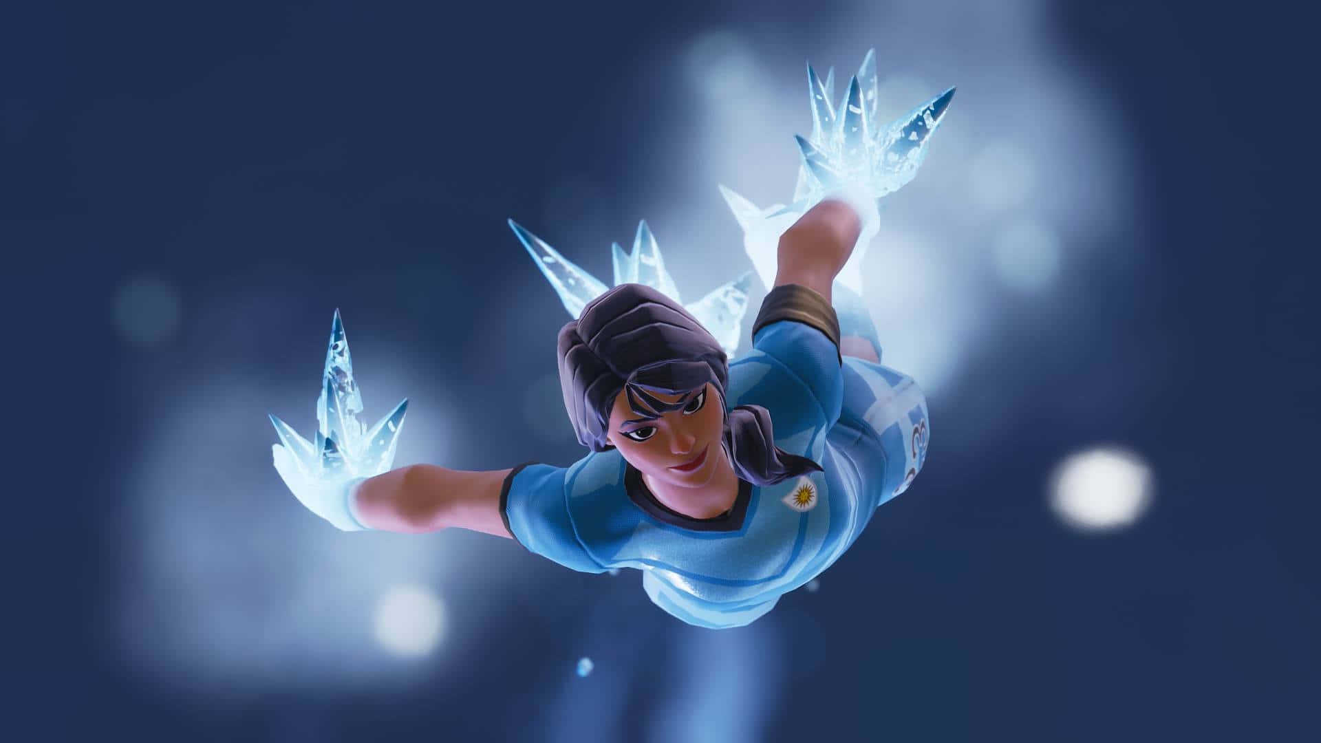 Fortnite 造型 桌布 壁紙 — 一位身穿藍色球衣的女性玩家在半空中漂浮，伸出的雙手周圍形成發光的冰晶，背景是深藍色散景。