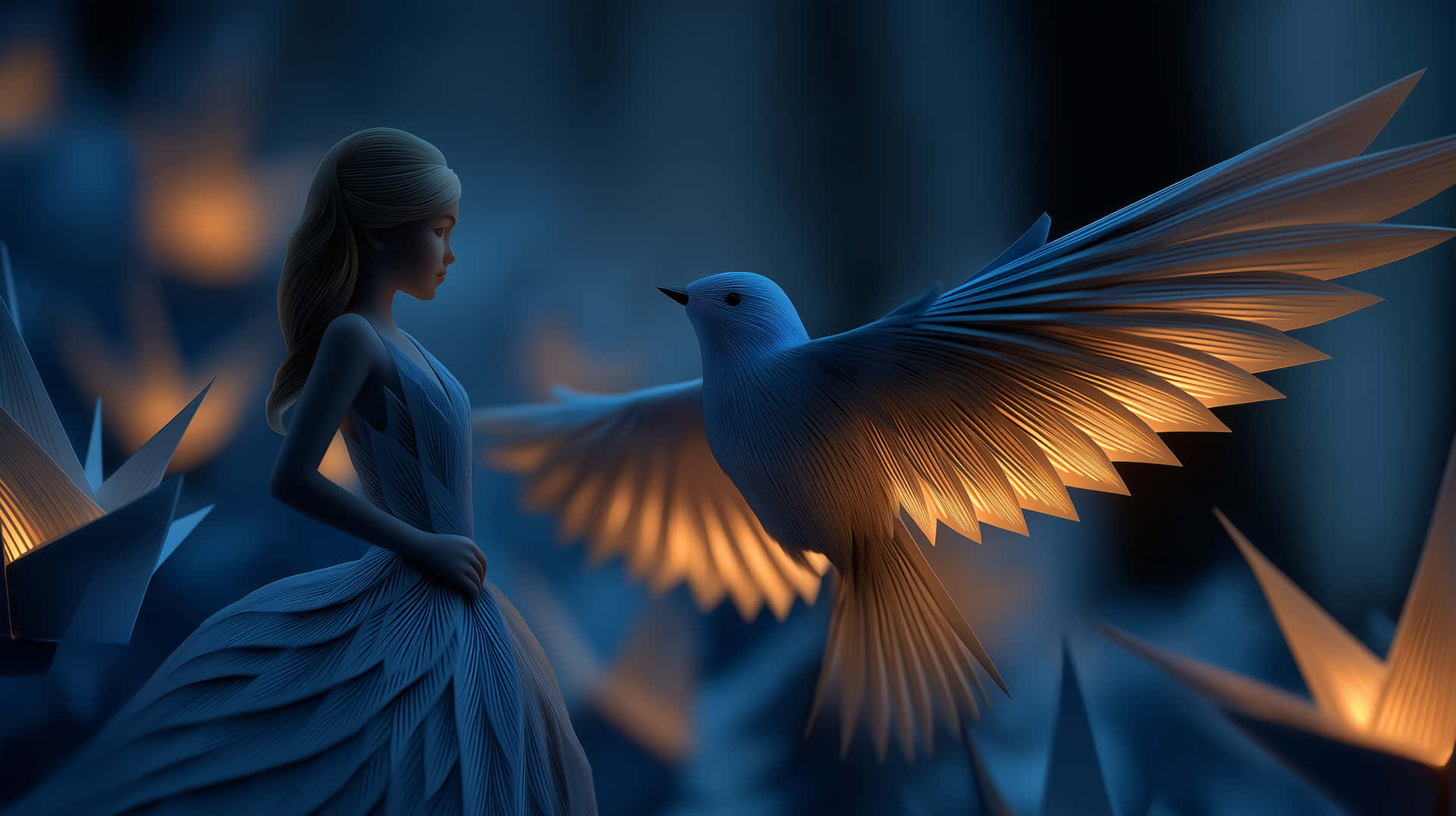 Graceful figure and a glowing bird in an ethereal scene 壁紙 — 一位身穿藍色百褶裙的女性凝視著一隻展開翅膀、發光的鳥，周圍漂浮著紙燈籠。